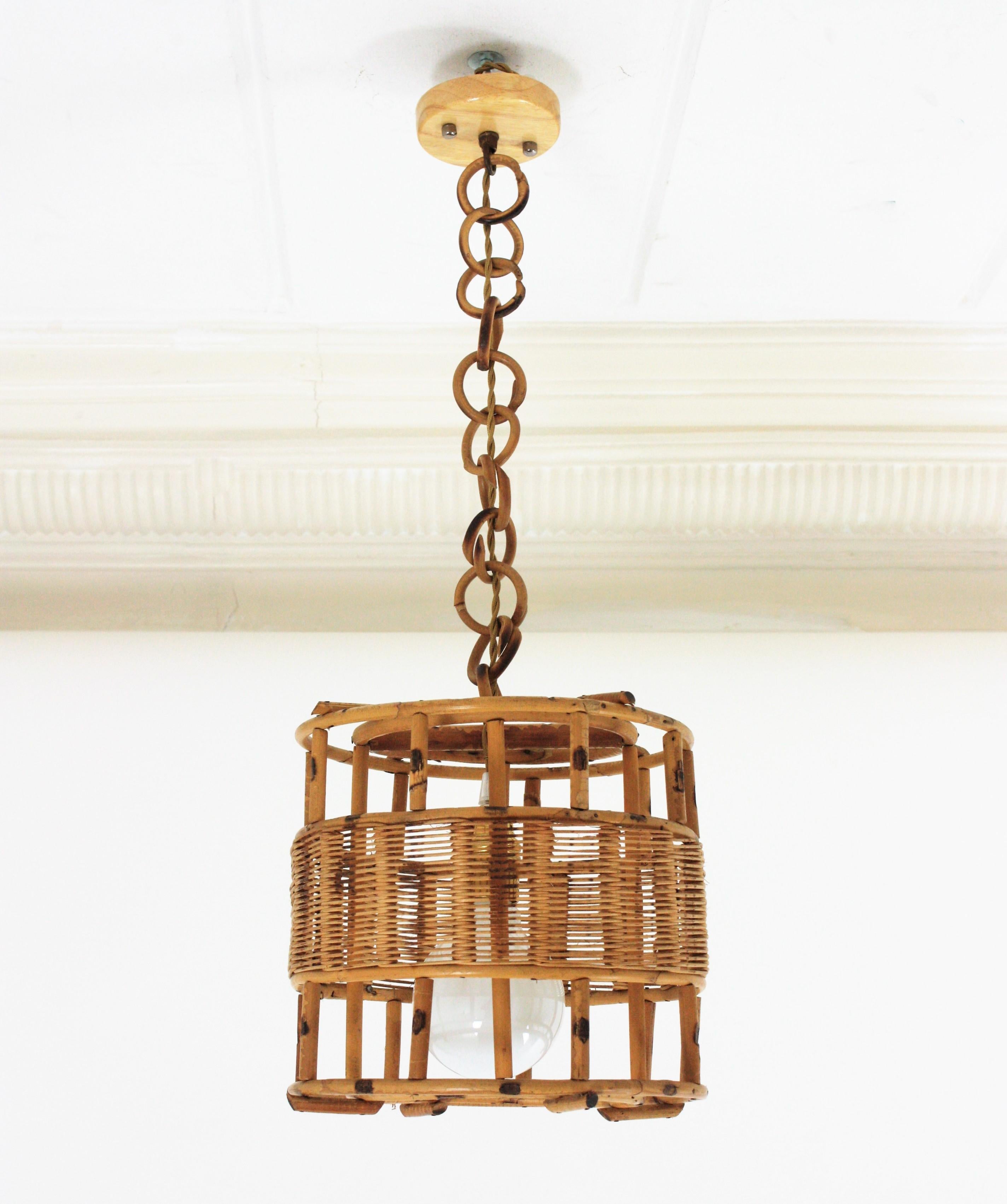 Hand-Crafted French Rattan Cylinder Pendant Light or Lantern, 1950s For Sale
