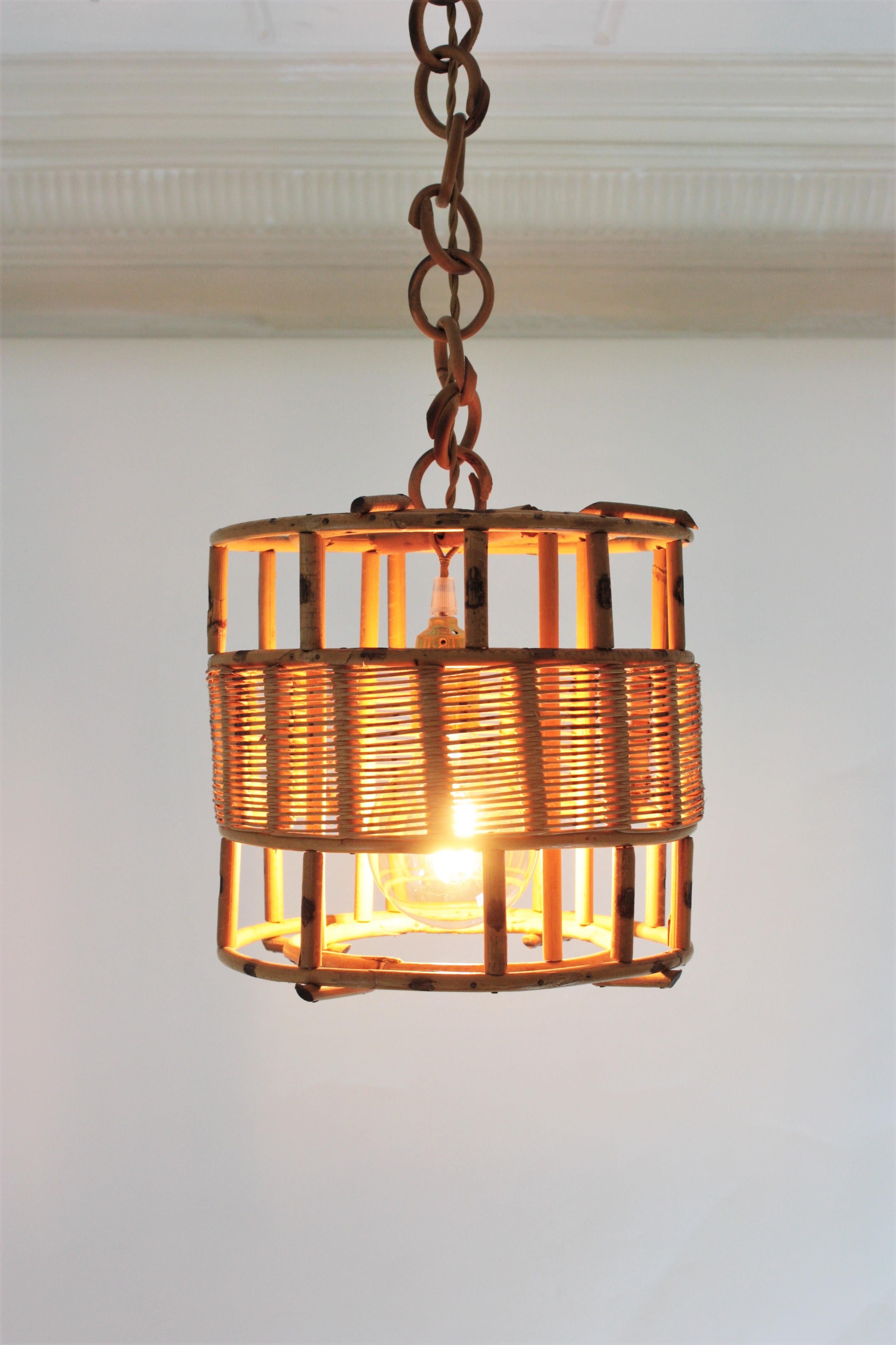 20th Century French Rattan Cylinder Pendant Light or Lantern, 1950s For Sale