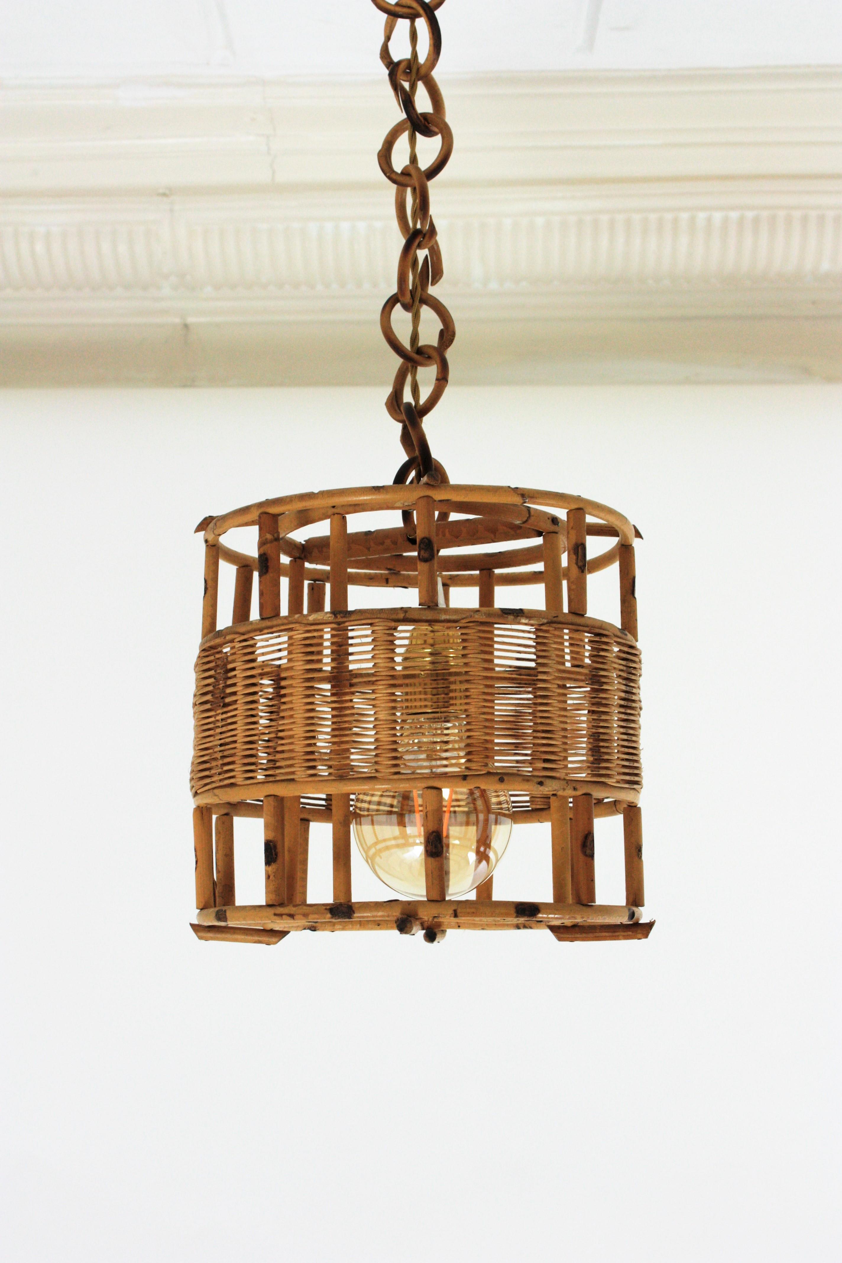 French Rattan Cylinder Pendant Light or Lantern, 1950s For Sale 1