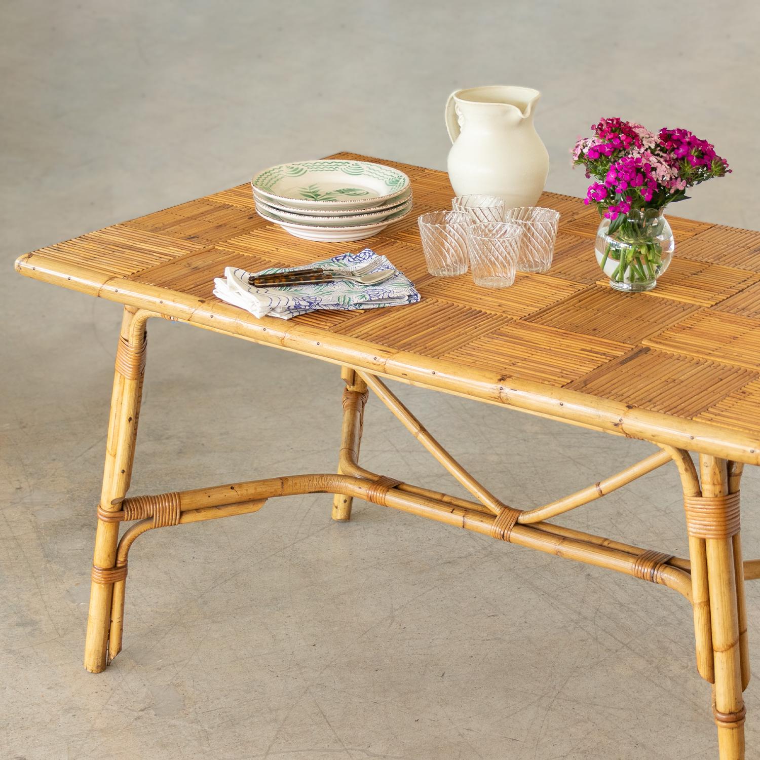 French Rattan Dining Table by Audoux Minet 1