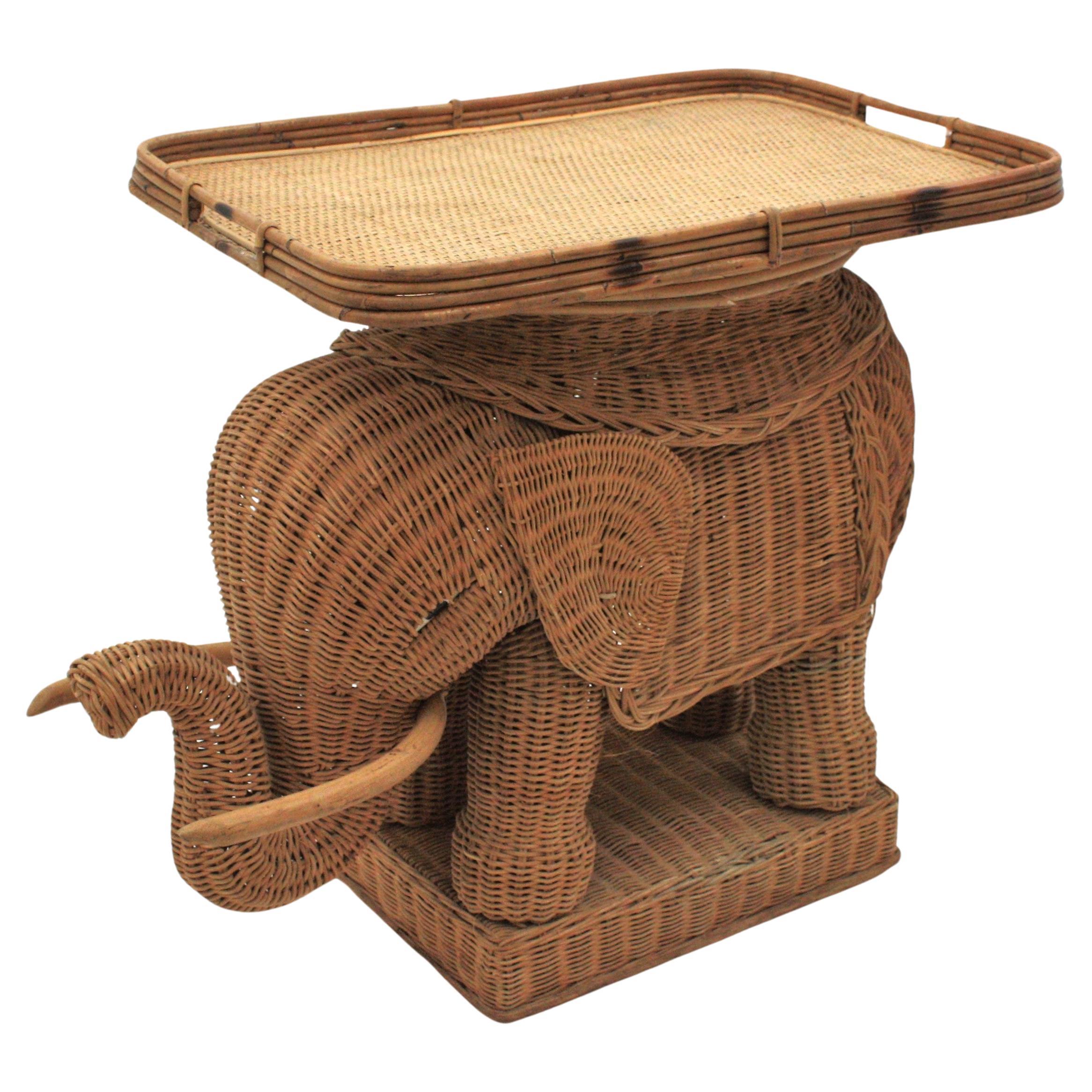 Colonial Revival French Rattan Elephant Tray Table or Drinks Table, 1950s For Sale