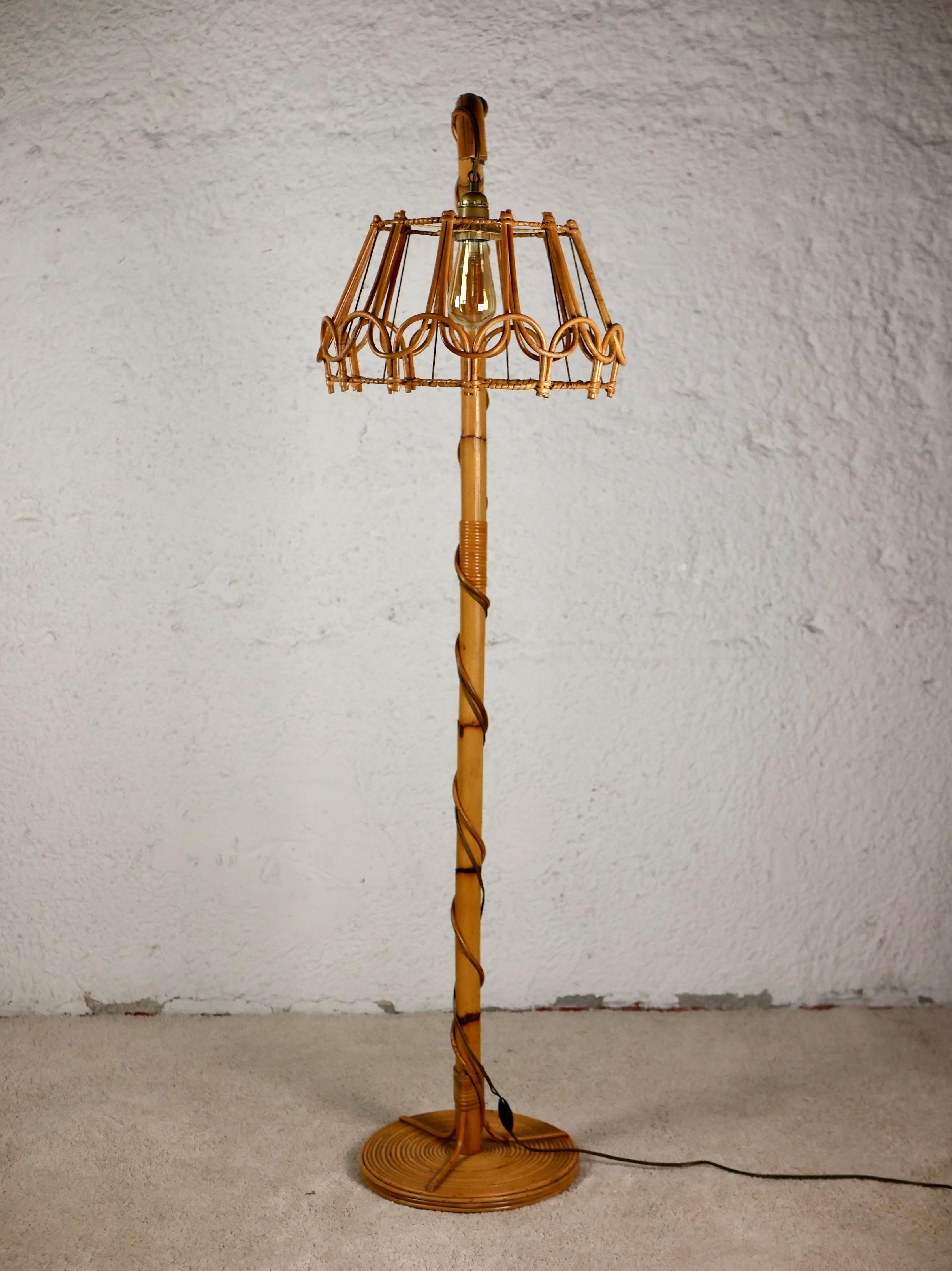French rattan floor lamp attributed to Louis Sognot, 1960s For Sale 5