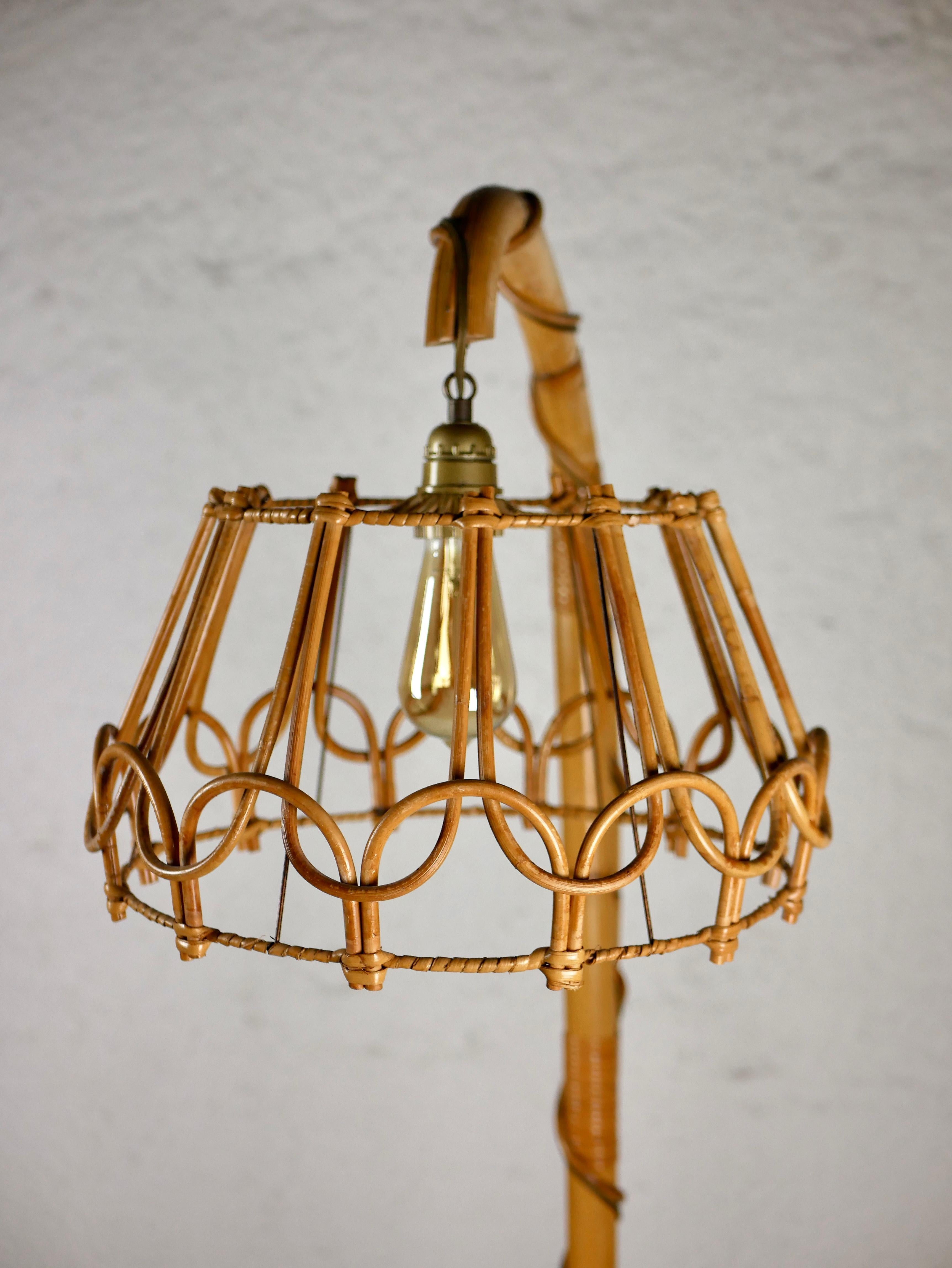 French rattan floor lamp attributed to Louis Sognot, 1960s For Sale 6