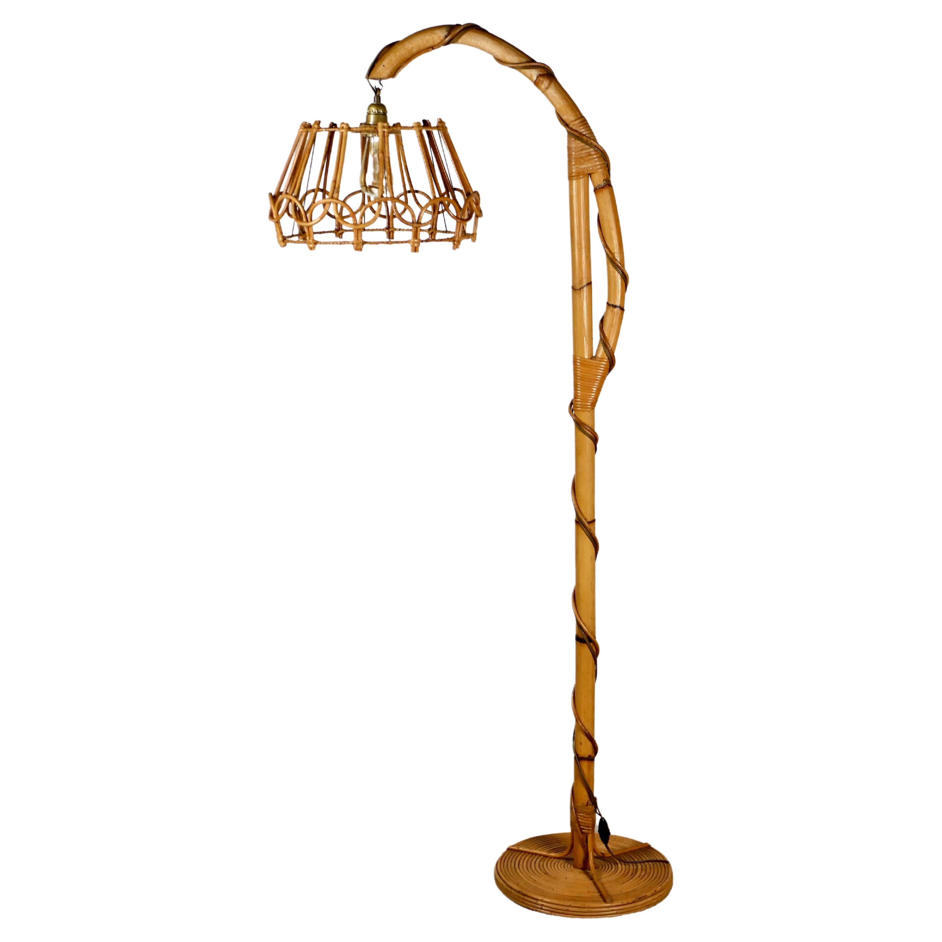 French rattan floor lamp attributed to Louis Sognot, 1960s For Sale