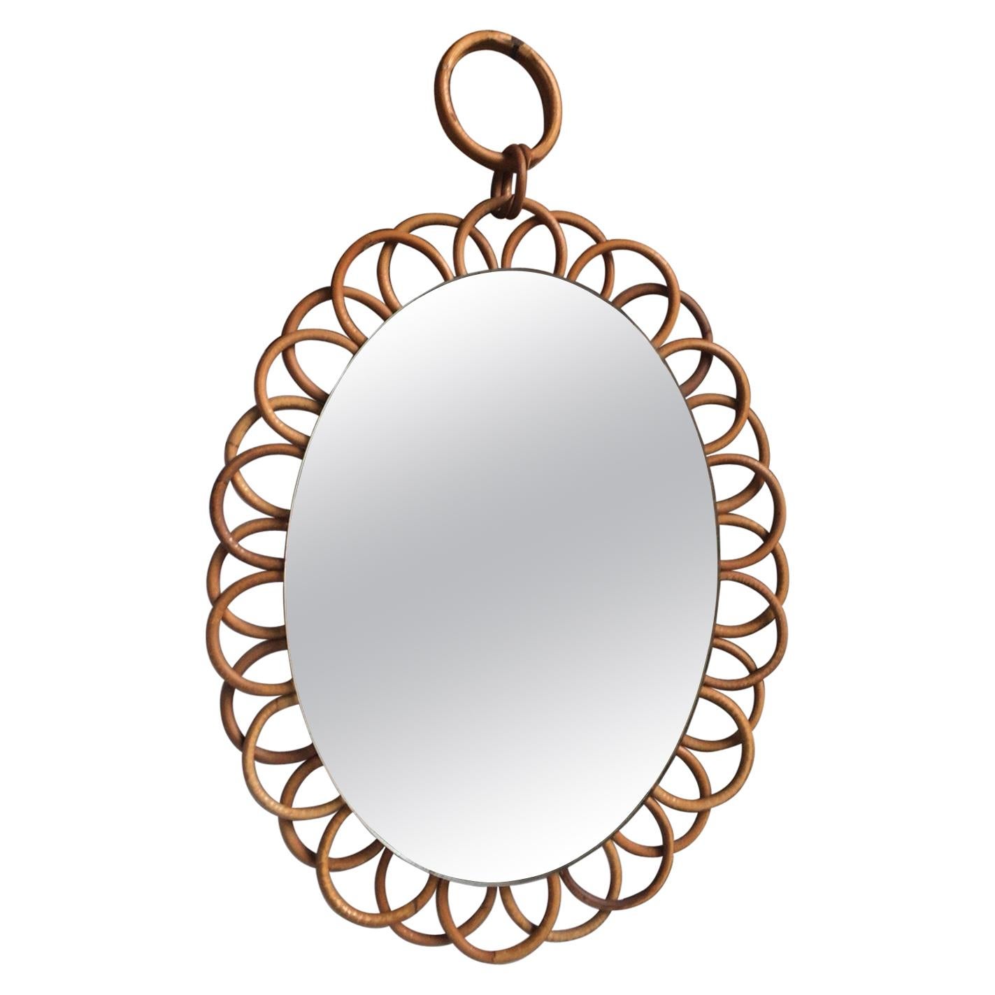 French Rattan Flower Mirror with Chain, circa 1950