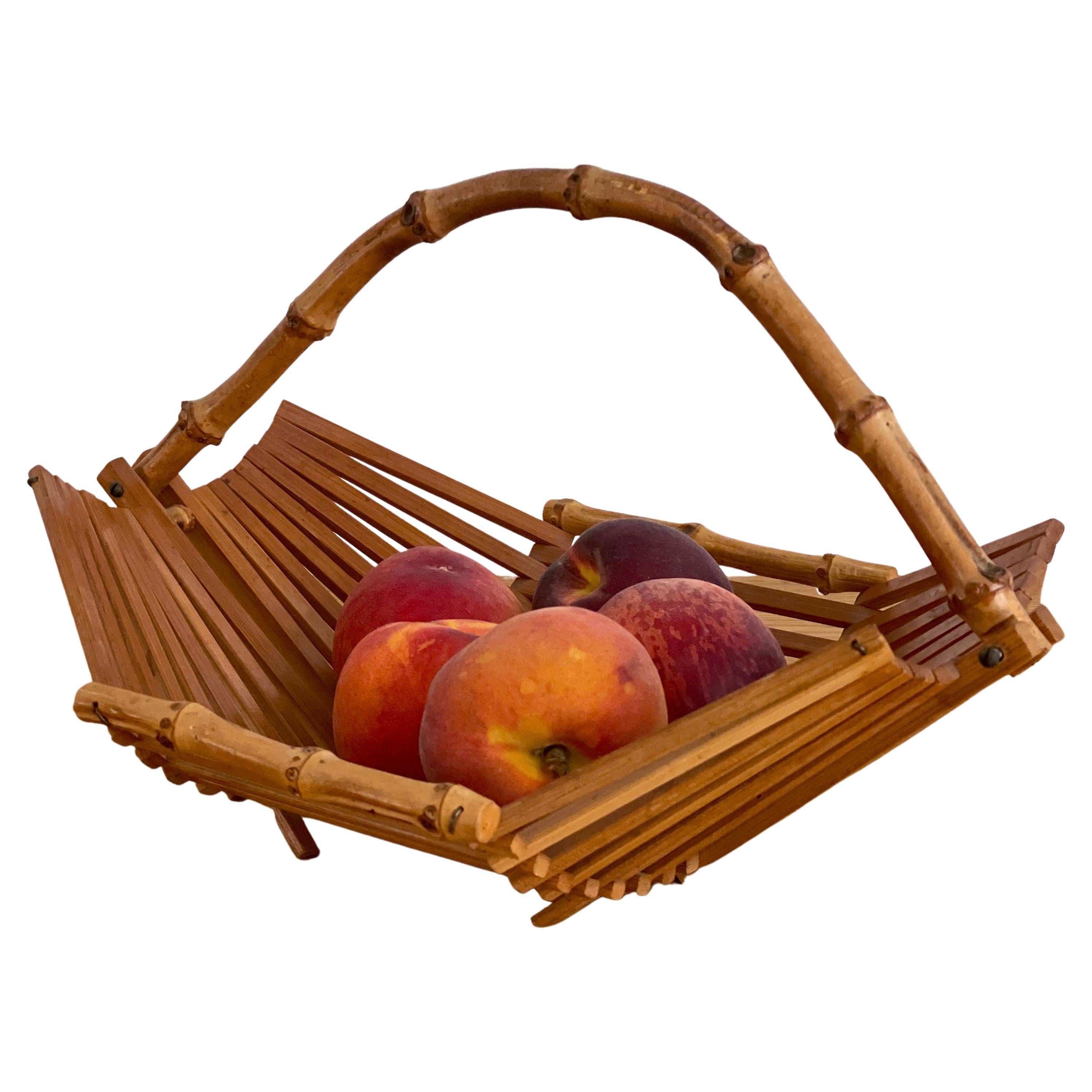 French Rattan Fruit Basket with Bamboo Handle For Sale