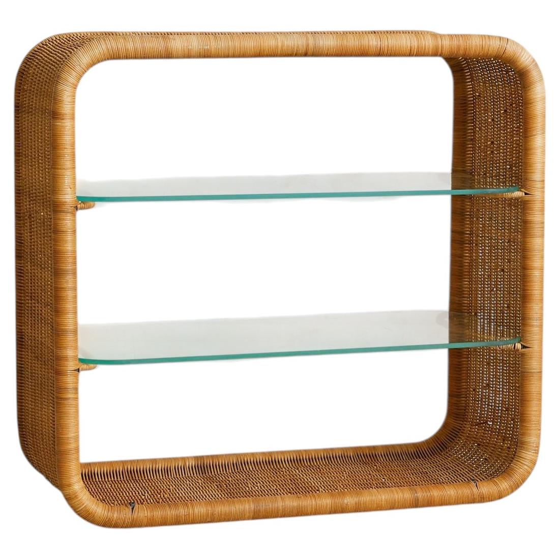 French Rattan + Glass Shelf in the Manner of Louis Sognot, 1960s For Sale