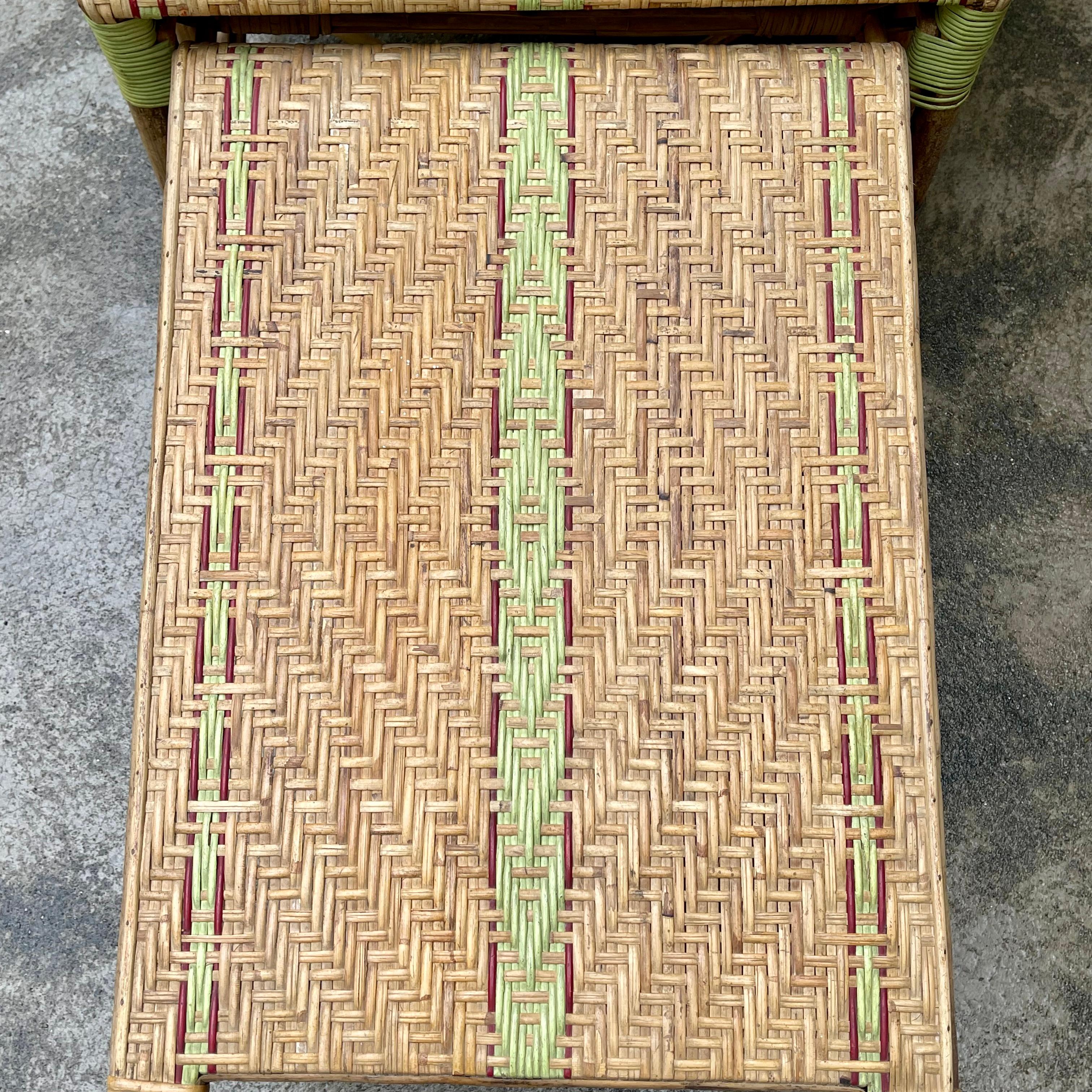 French Rattan Green Stripe Folding Deck Chaise Lounge, 1930s For Sale 5