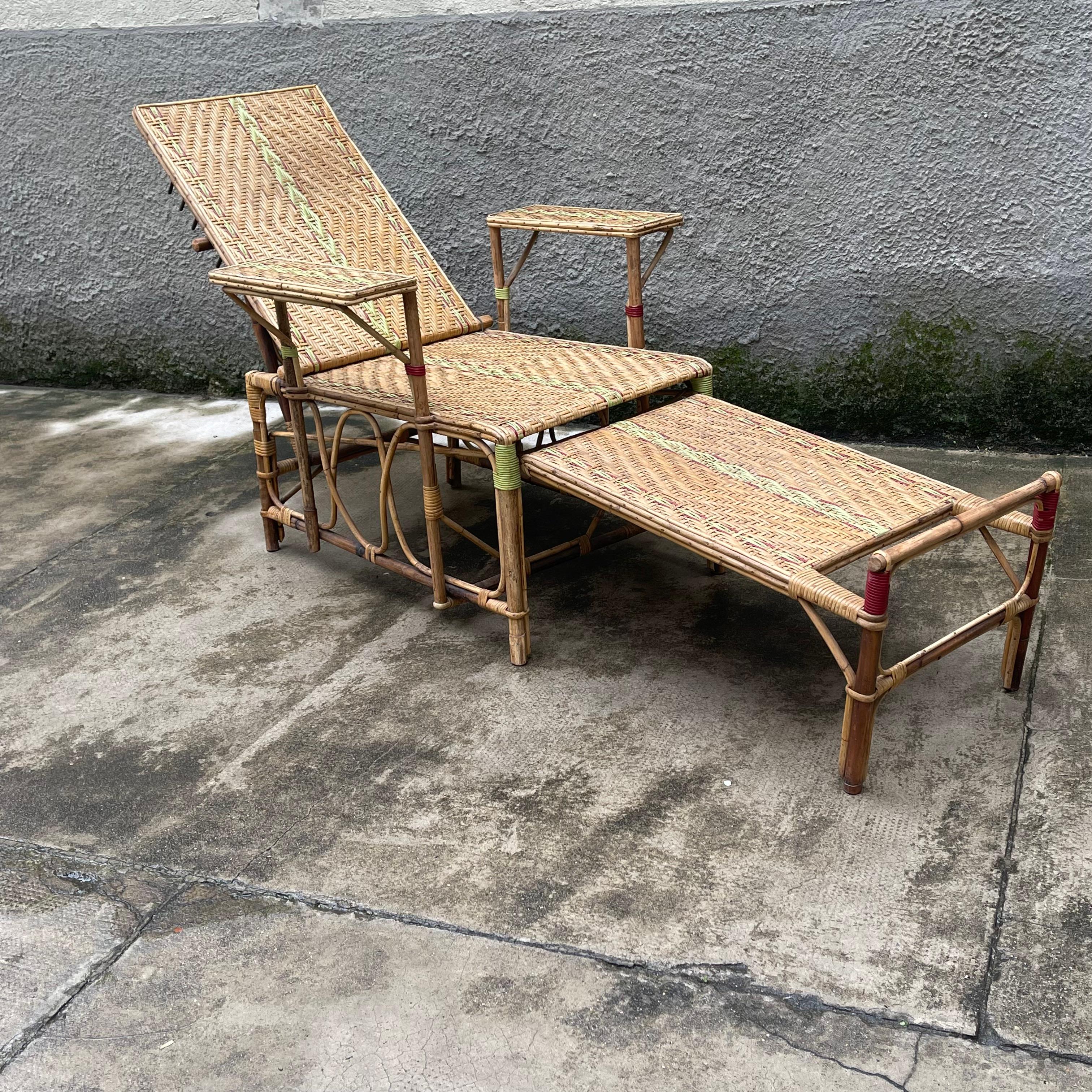 Bamboo French Rattan Green Stripe Folding Deck Chaise Lounge, 1930s For Sale