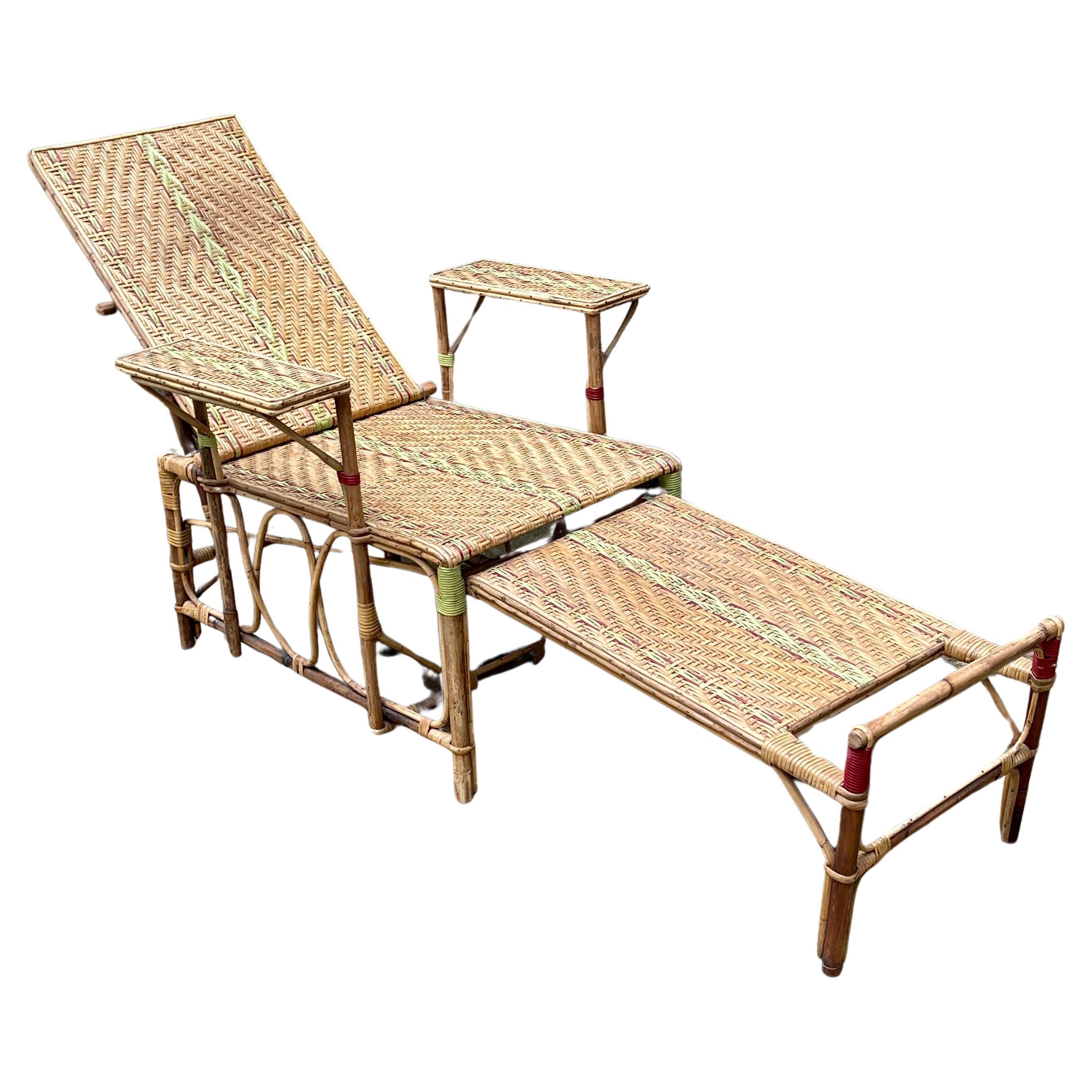 French Rattan Green Stripe Folding Deck Chaise Lounge, 1930s For Sale