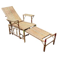 Used French Rattan Green Stripe Folding Deck Chaise Lounge, 1930s