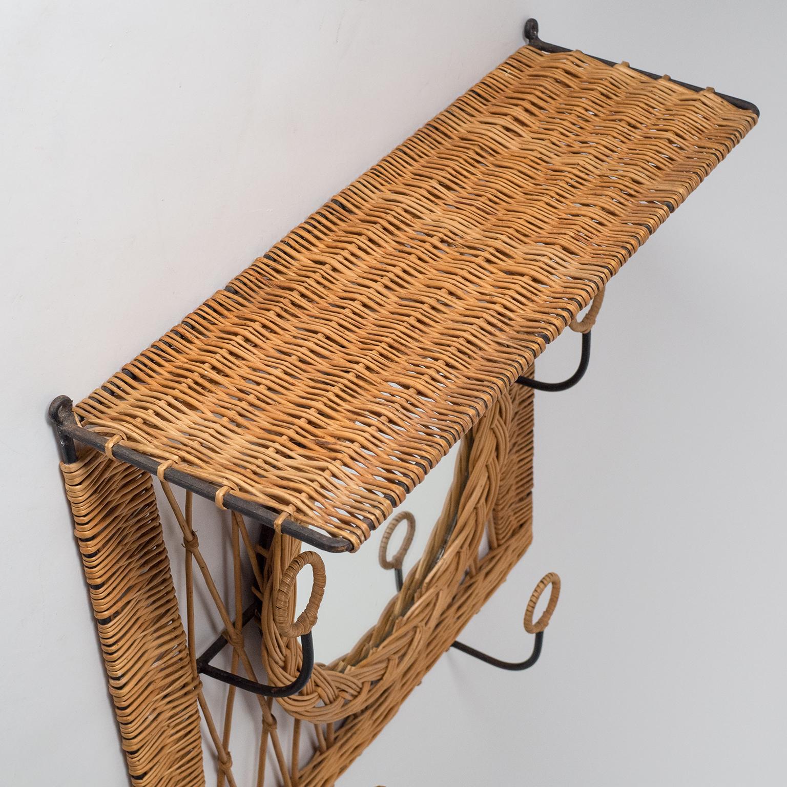 French Rattan Hat Rack with Mirror, circa 1960 4