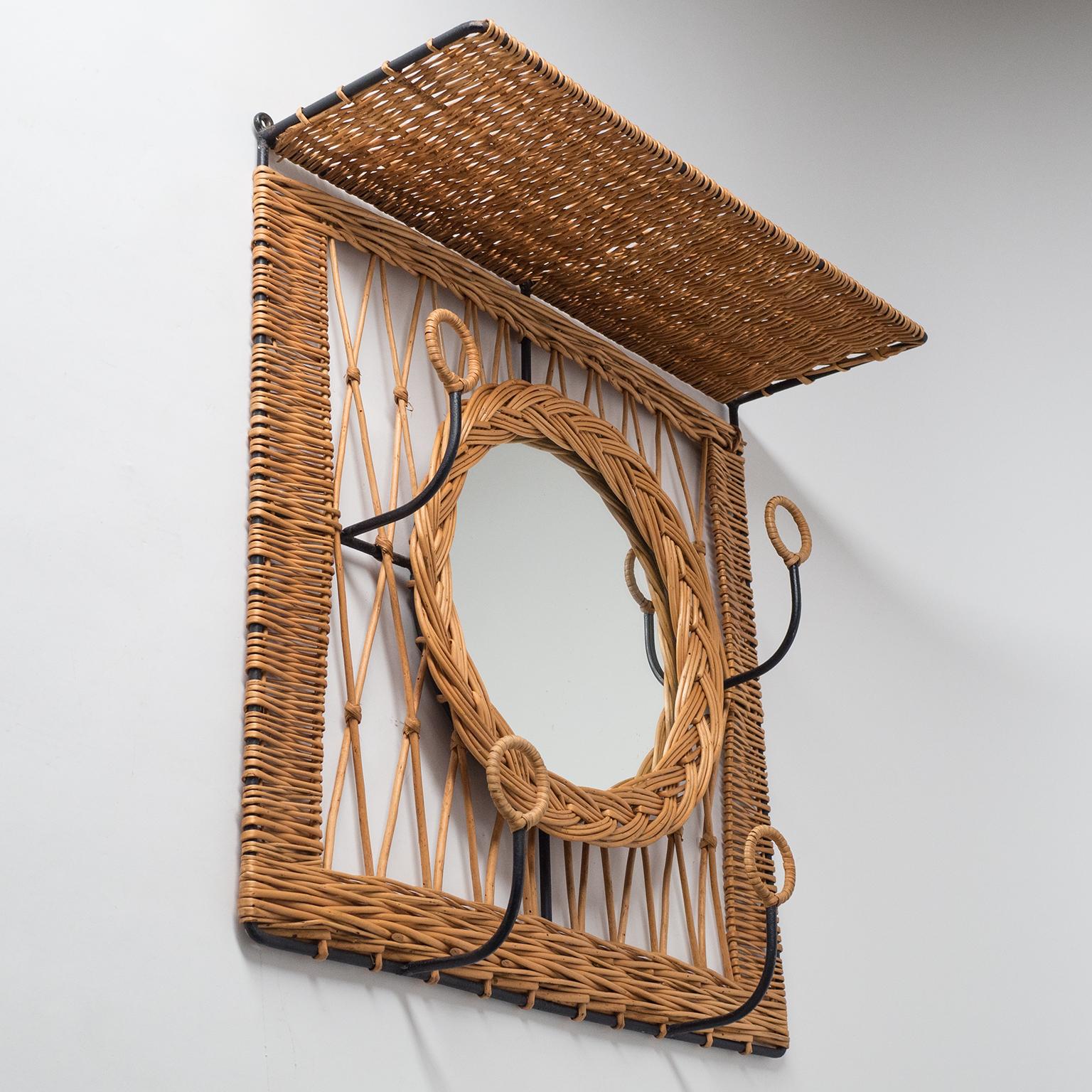 French Rattan Hat Rack with Mirror, circa 1960 7