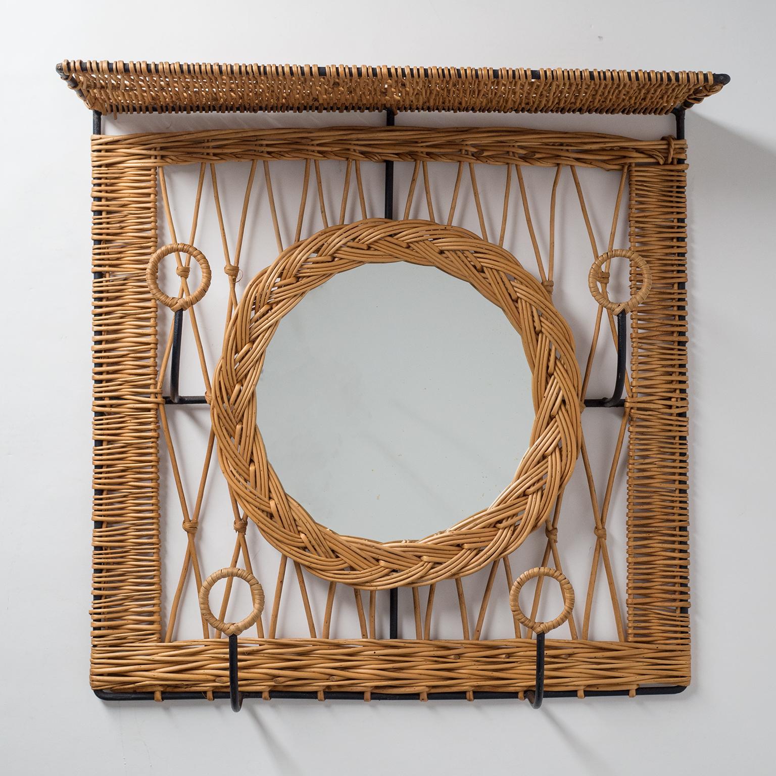 French Rattan Hat Rack with Mirror, circa 1960 1