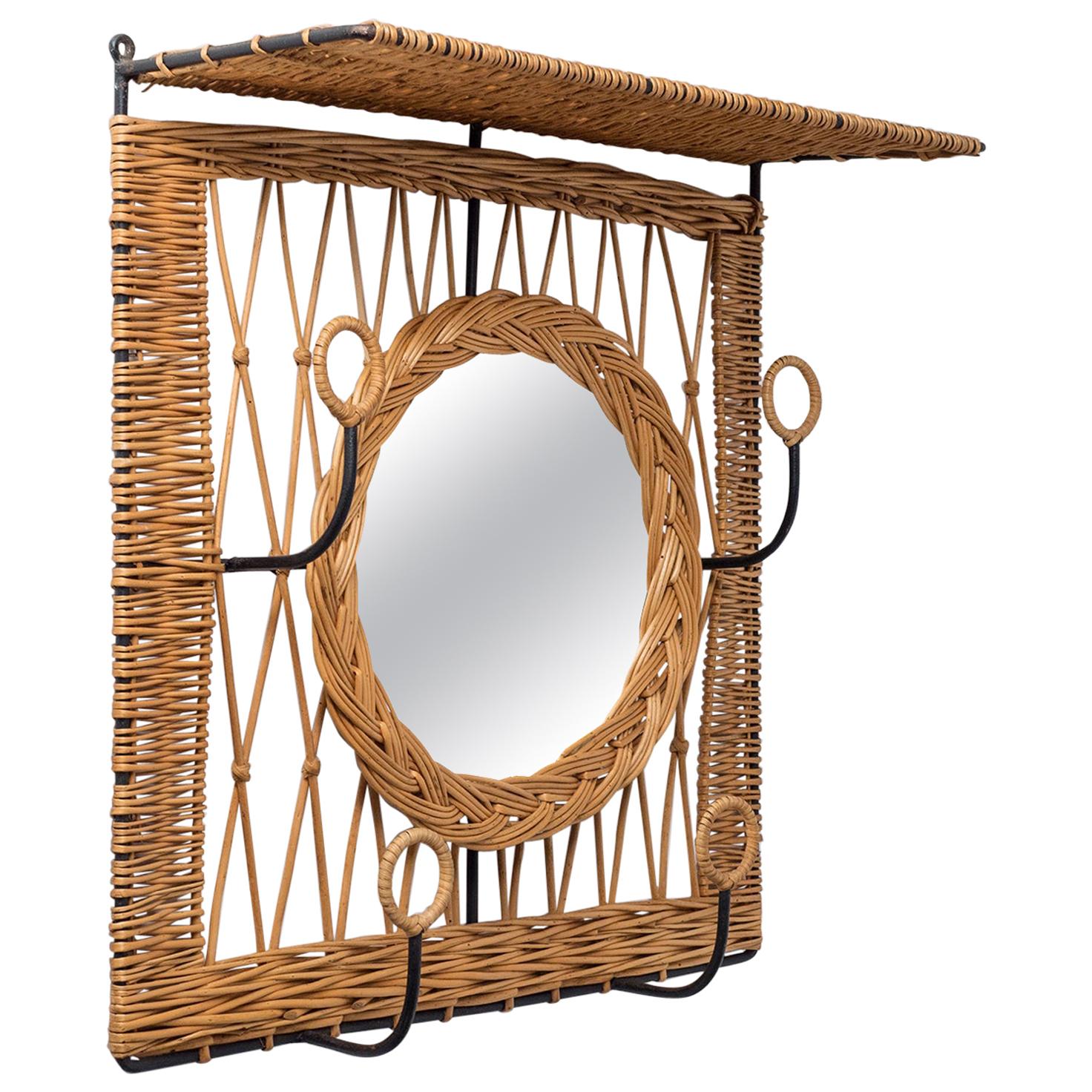 French Rattan Hat Rack with Mirror, circa 1960