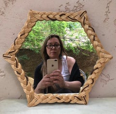 French Rattan Hexagon Shape Mirror circa 1950