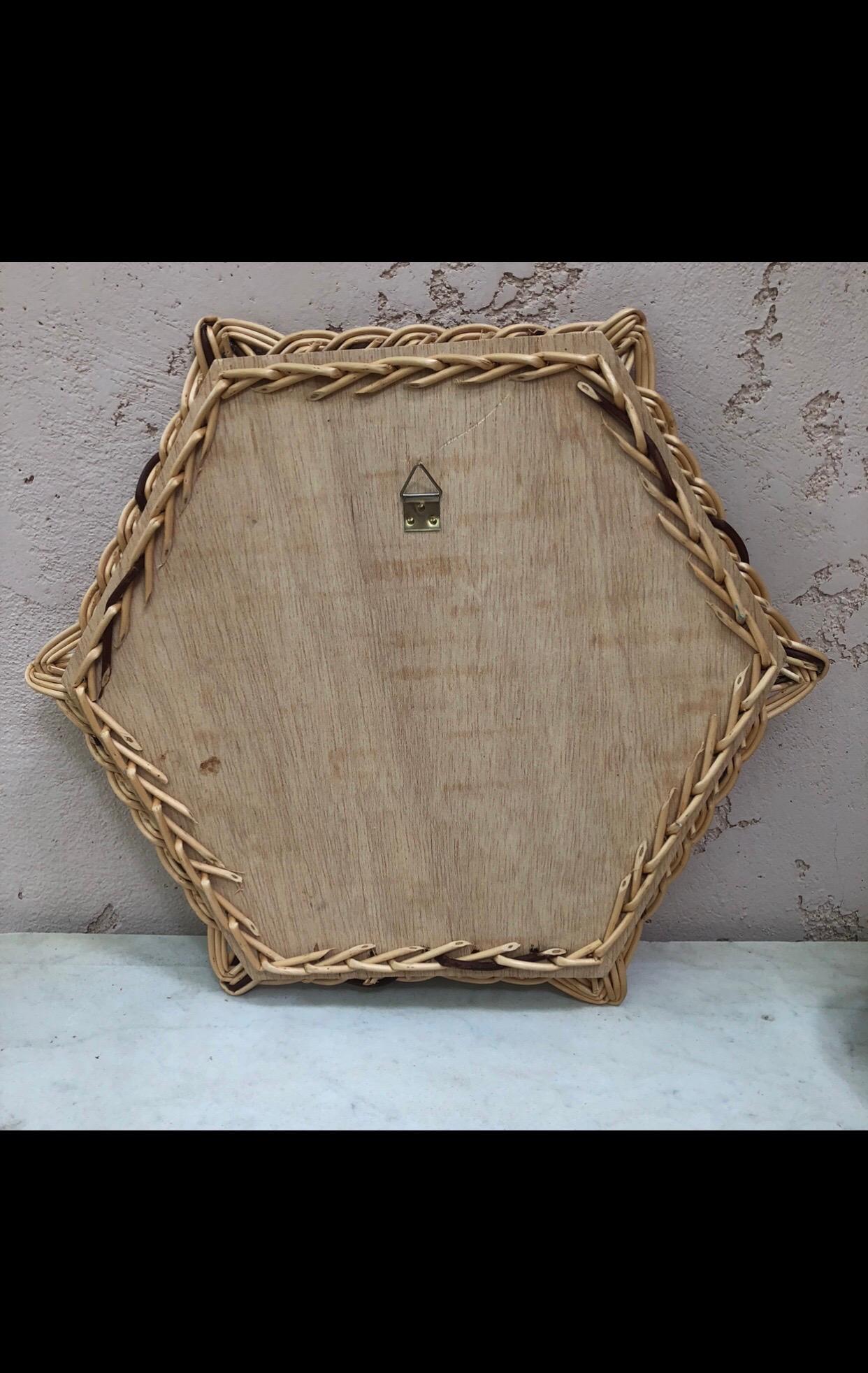 French Rattan Hexagon Shape Mirror circa 1950 In Good Condition For Sale In Austin, TX