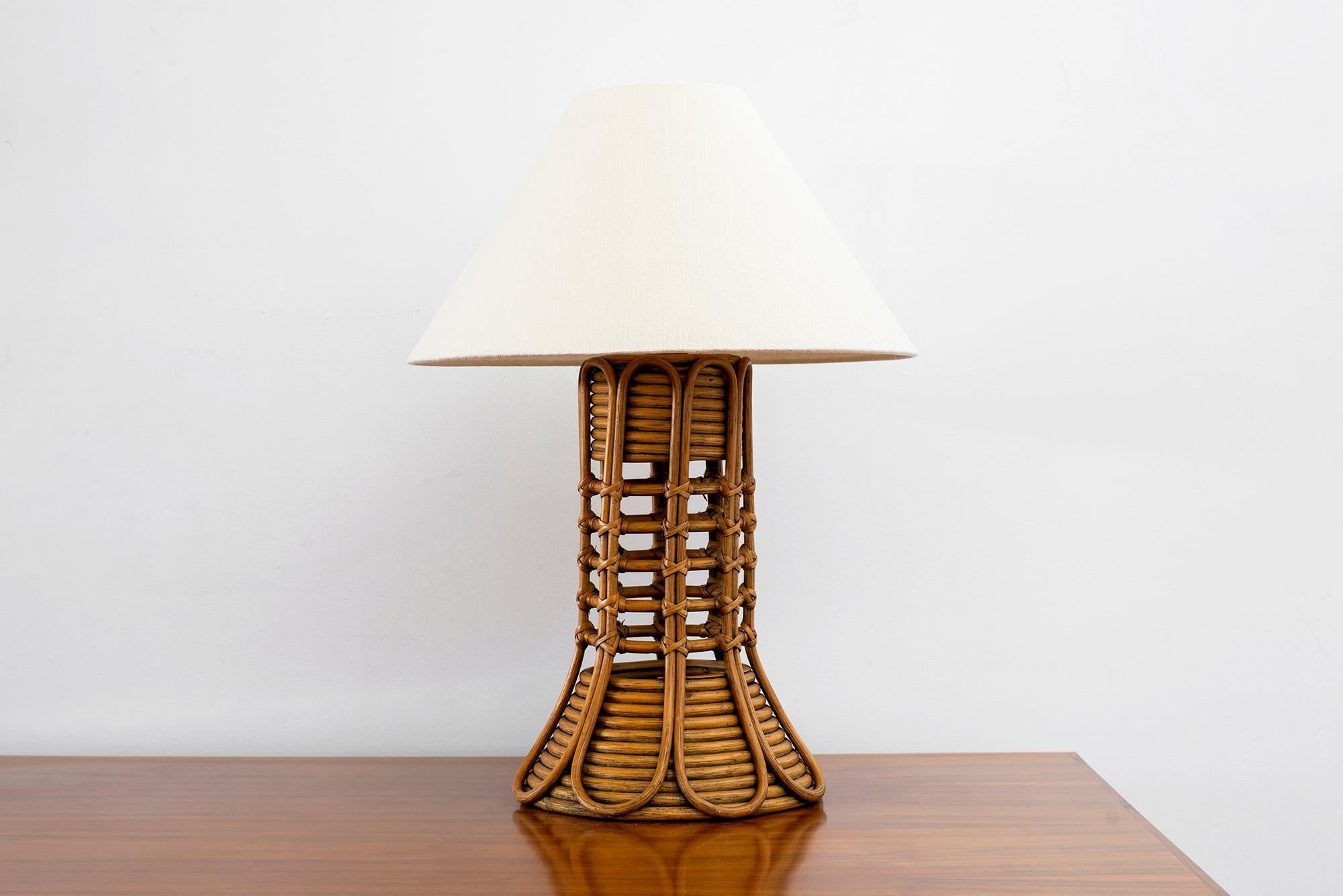 French rattan table lamp
Large in scale with intricate design
New shade and newly rewired

Shade - 21