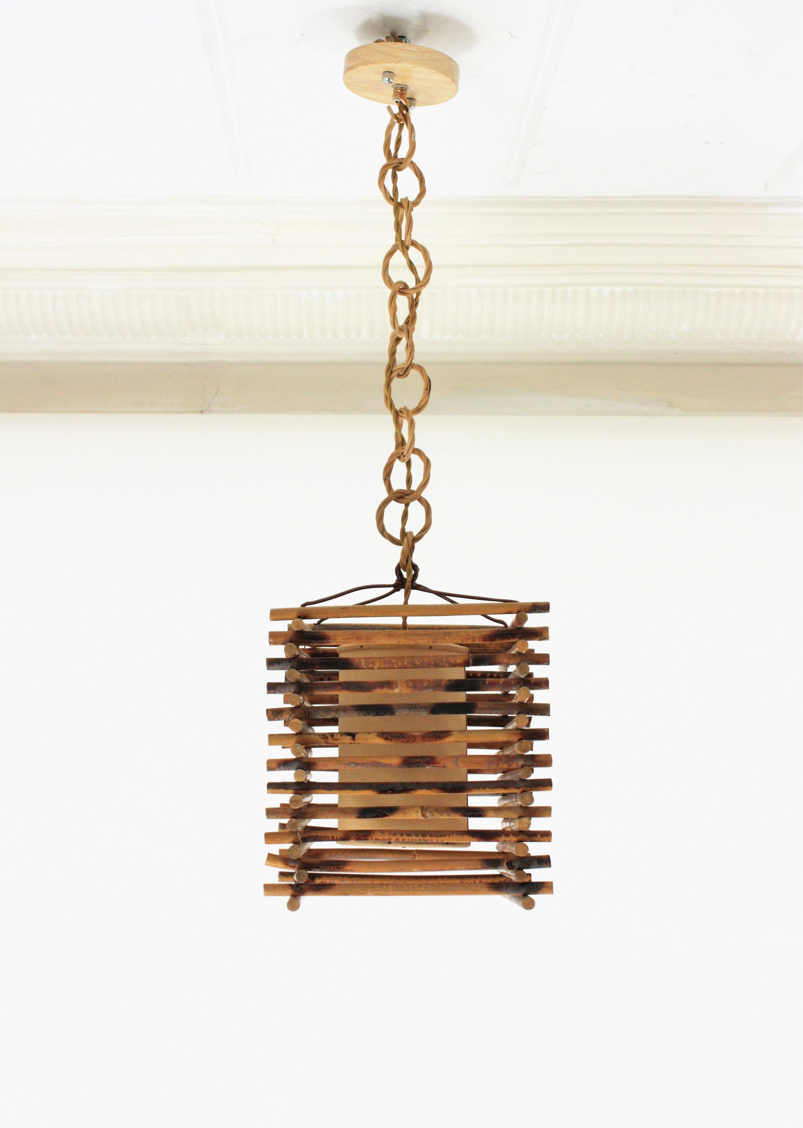 Mid-Century Modern French Rattan Lantern Pendant with Chinoiserie Accents For Sale