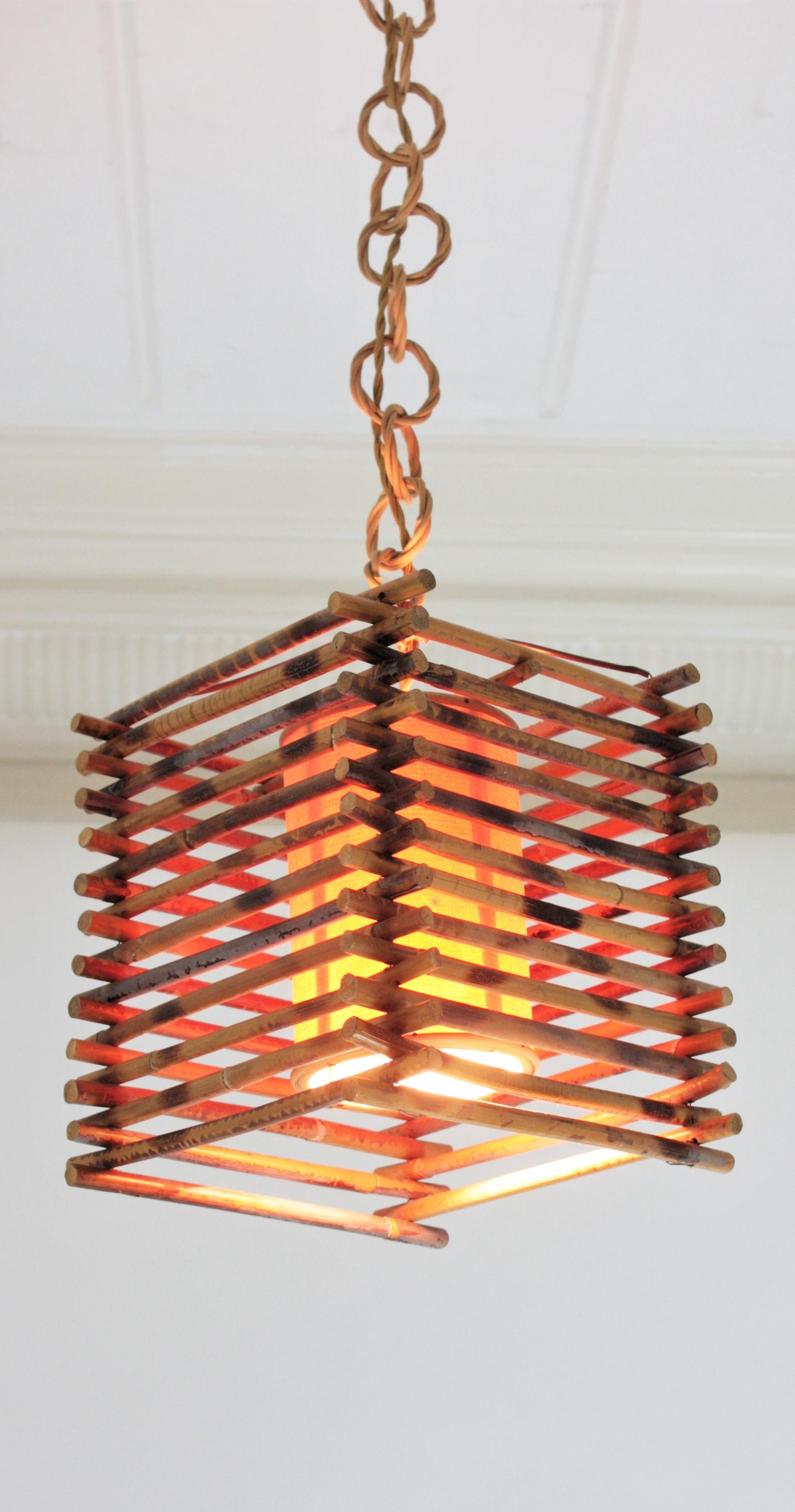 20th Century French Rattan Lantern Pendant with Chinoiserie Accents For Sale