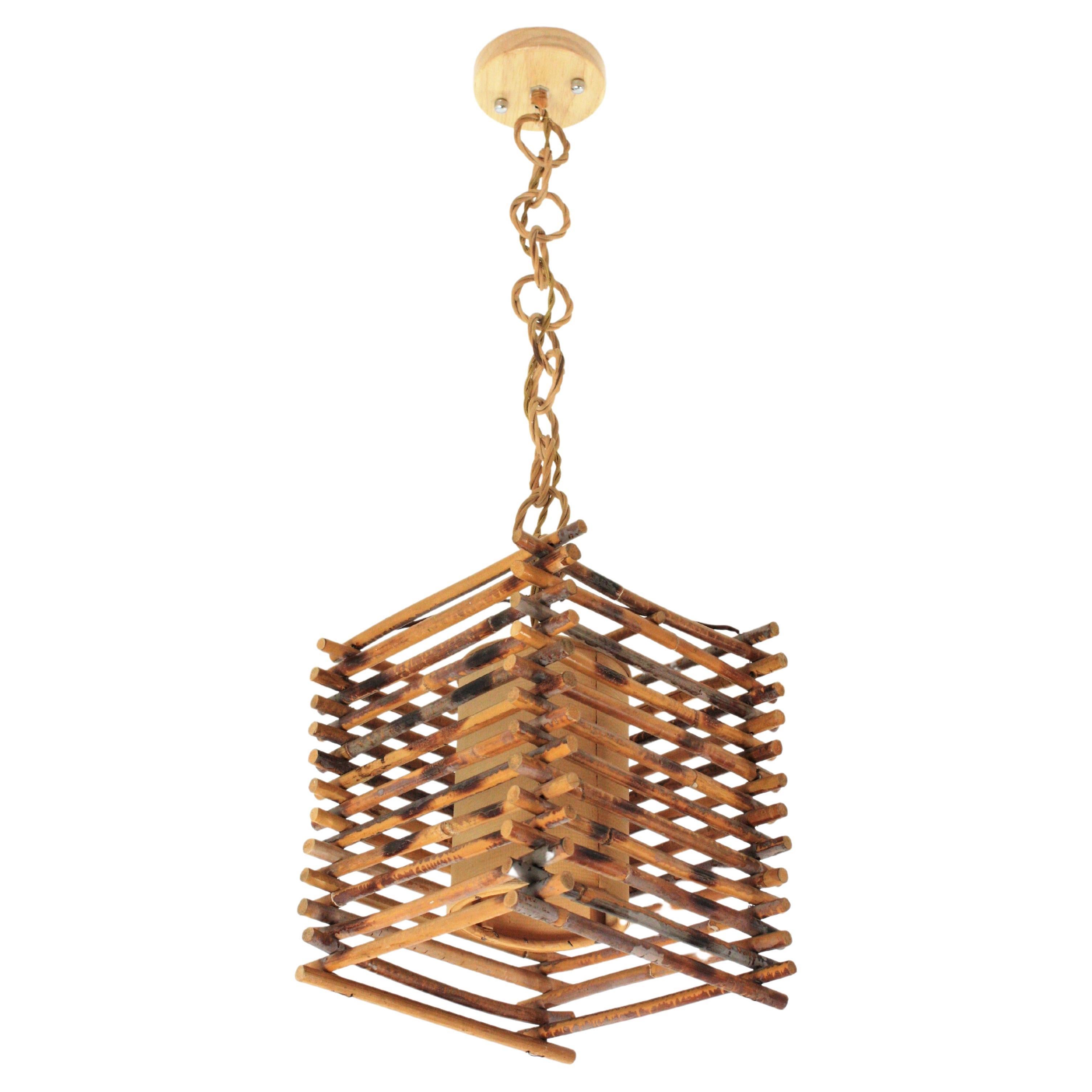 French Rattan Lantern Pendant with Chinoiserie Accents
