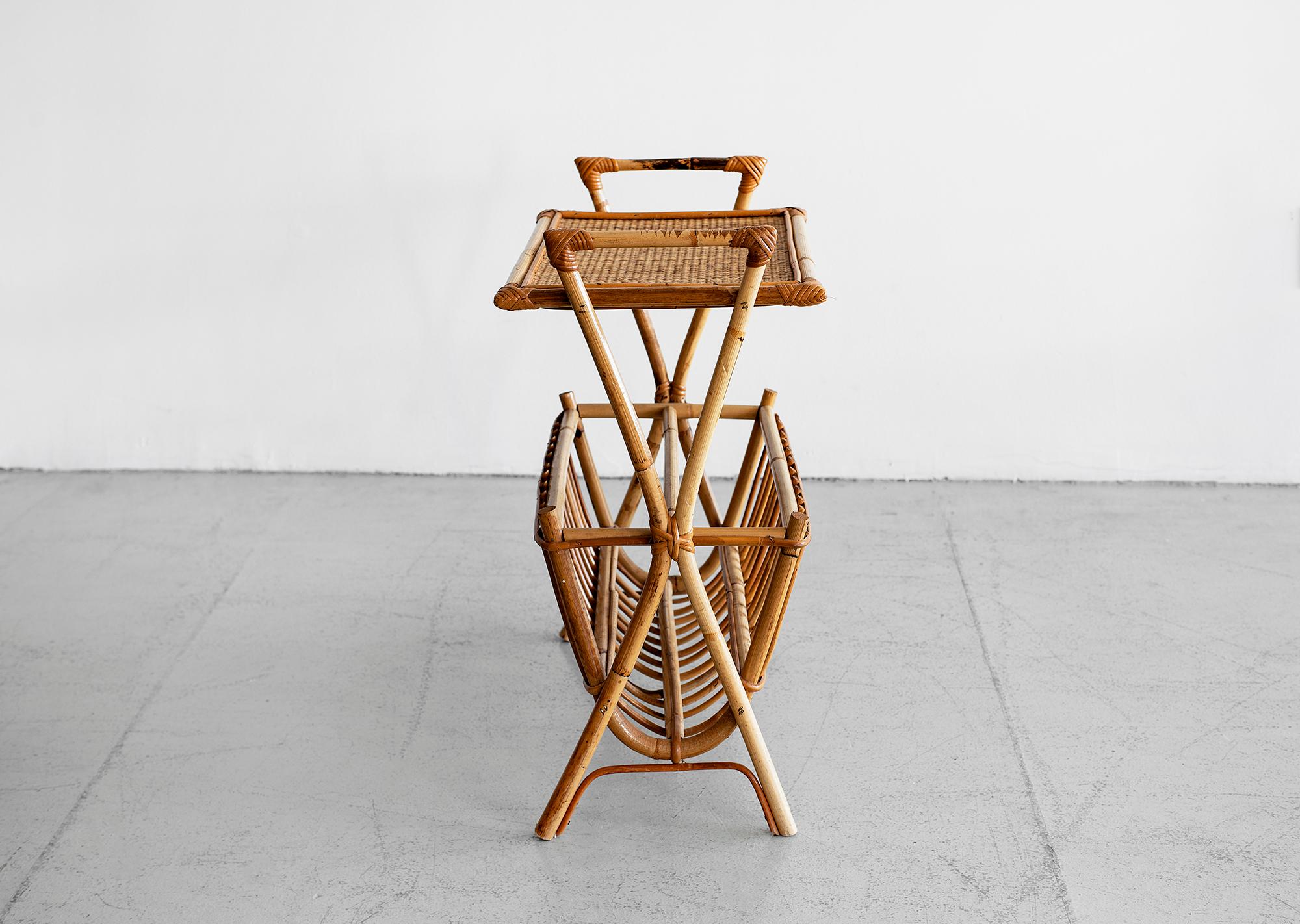 French rattan magazine holder and side table.
Charming from every angle and functional!