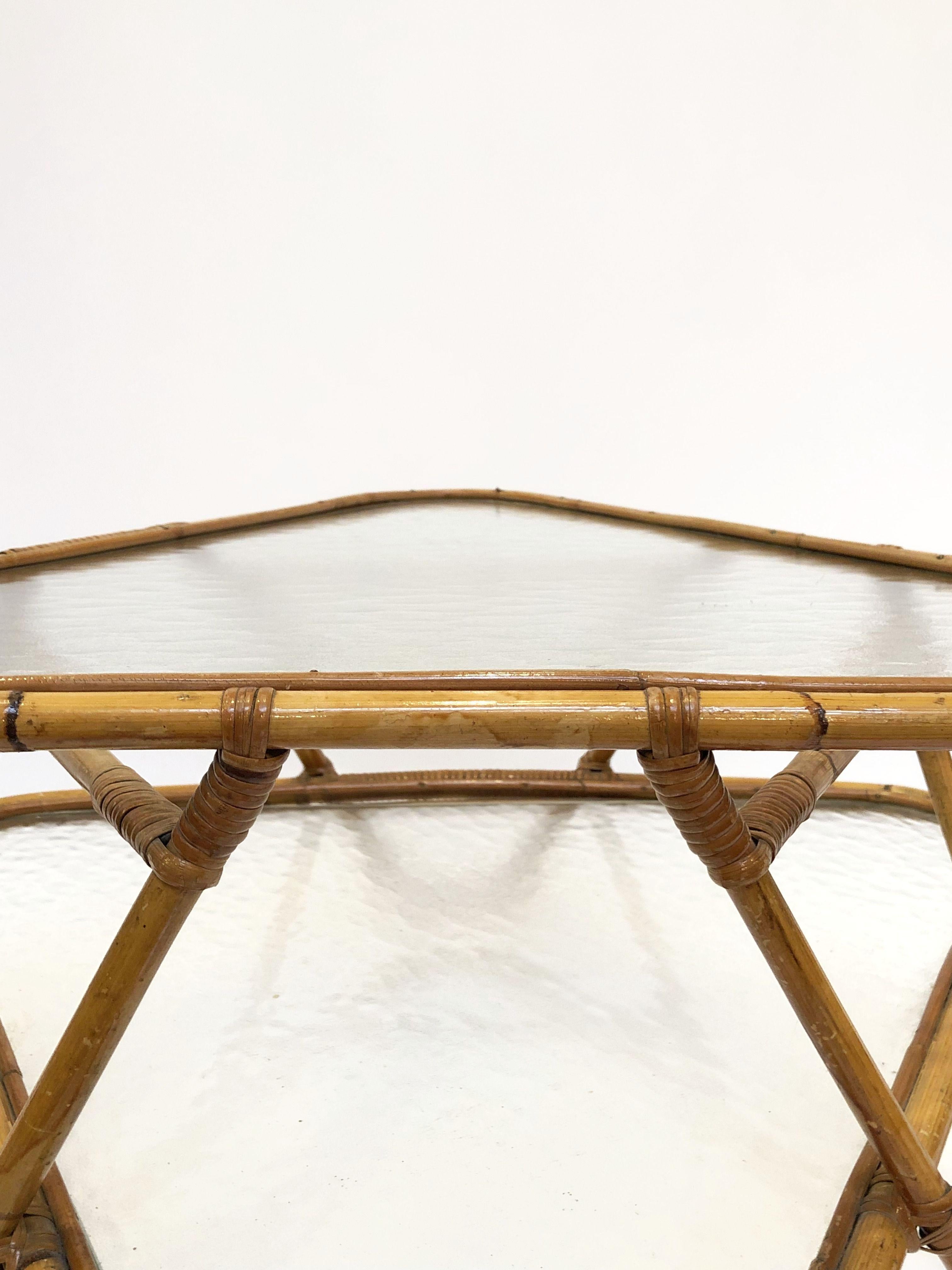 French Rattan Midcentury Accent or Low Table of Cane, Bamboo and Glass 5