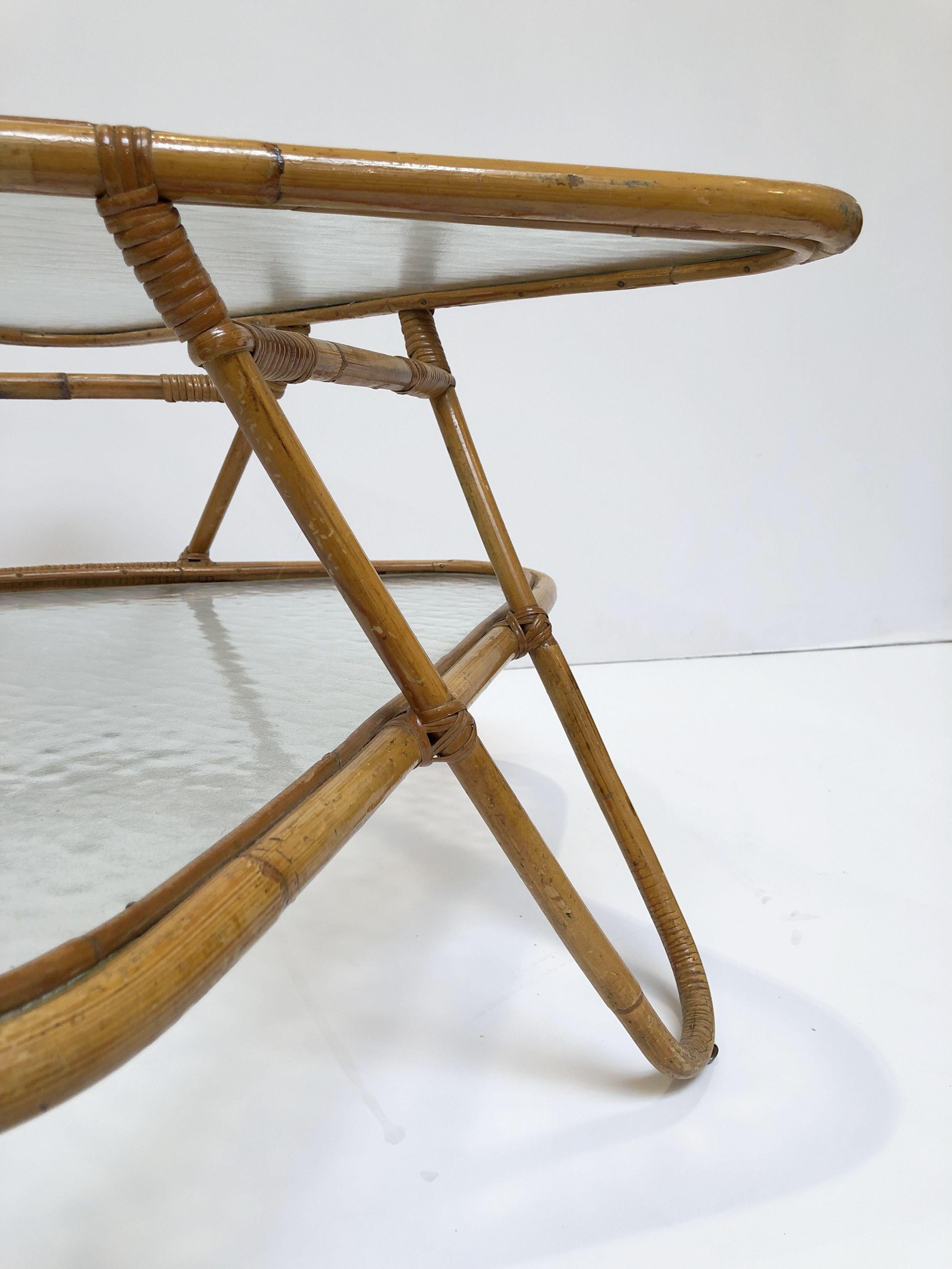 French Rattan Midcentury Accent or Low Table of Cane, Bamboo and Glass 7