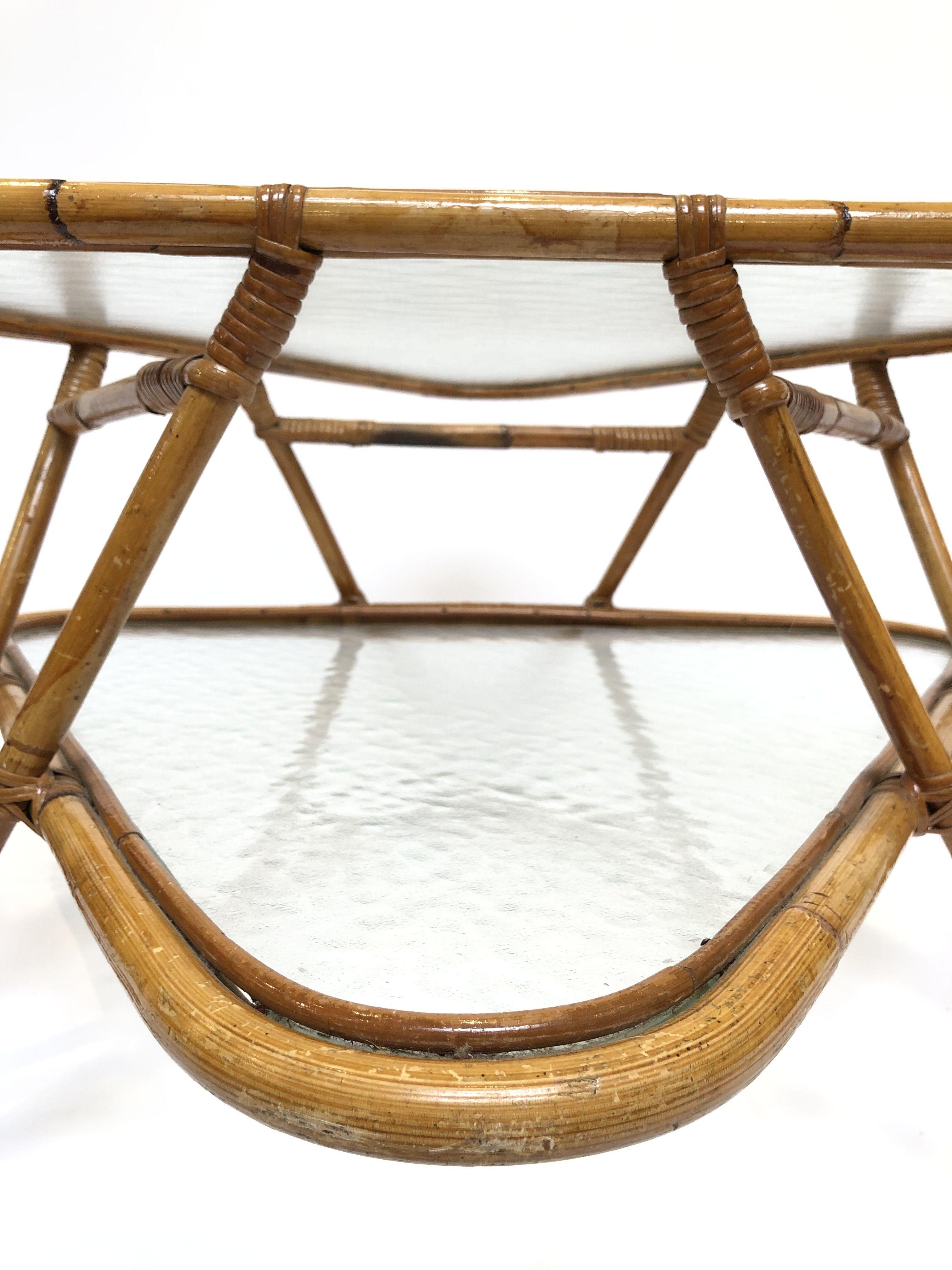 French Rattan Midcentury Accent or Low Table of Cane, Bamboo and Glass 8