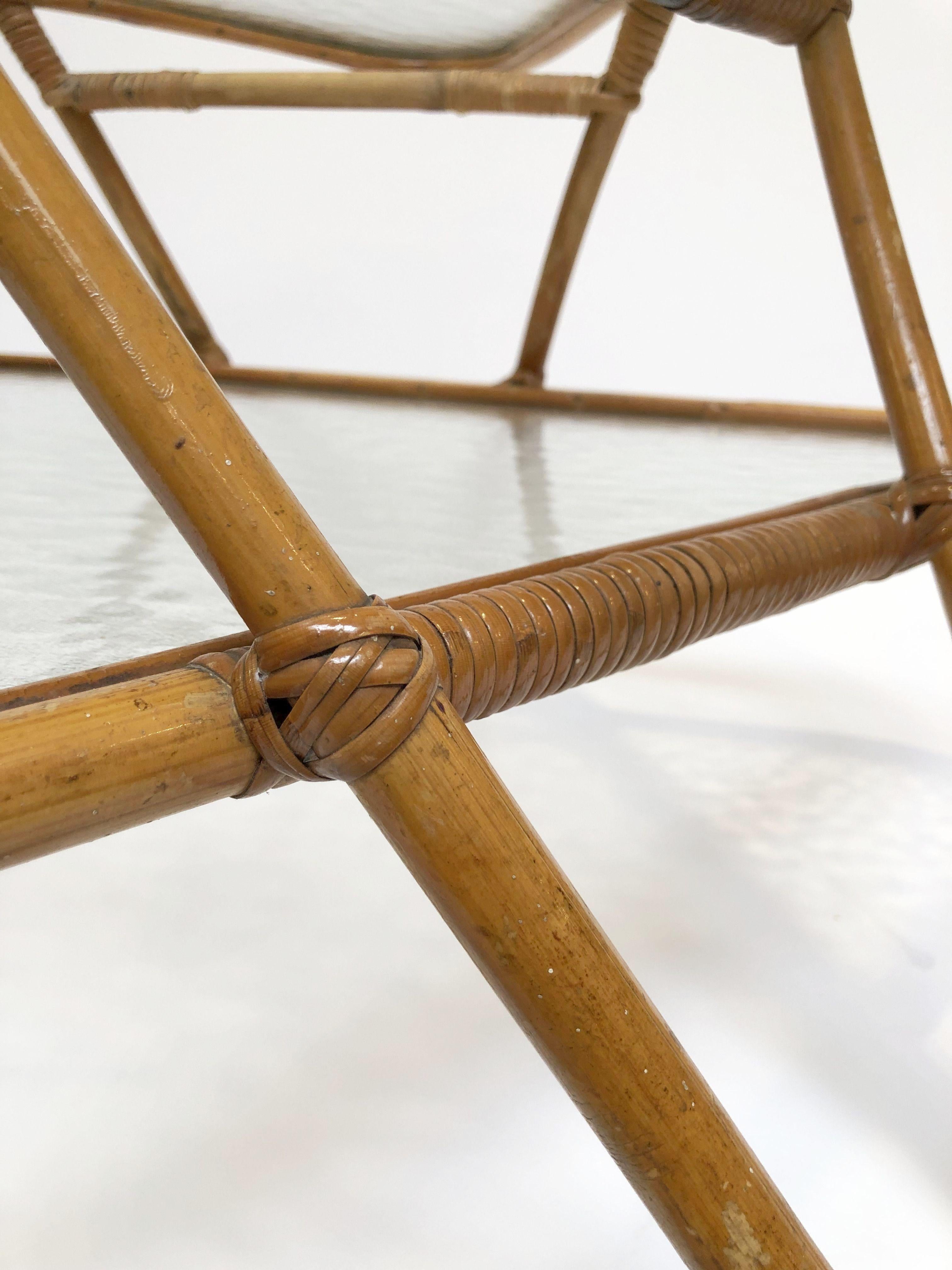 French Rattan Midcentury Accent or Low Table of Cane, Bamboo and Glass 14