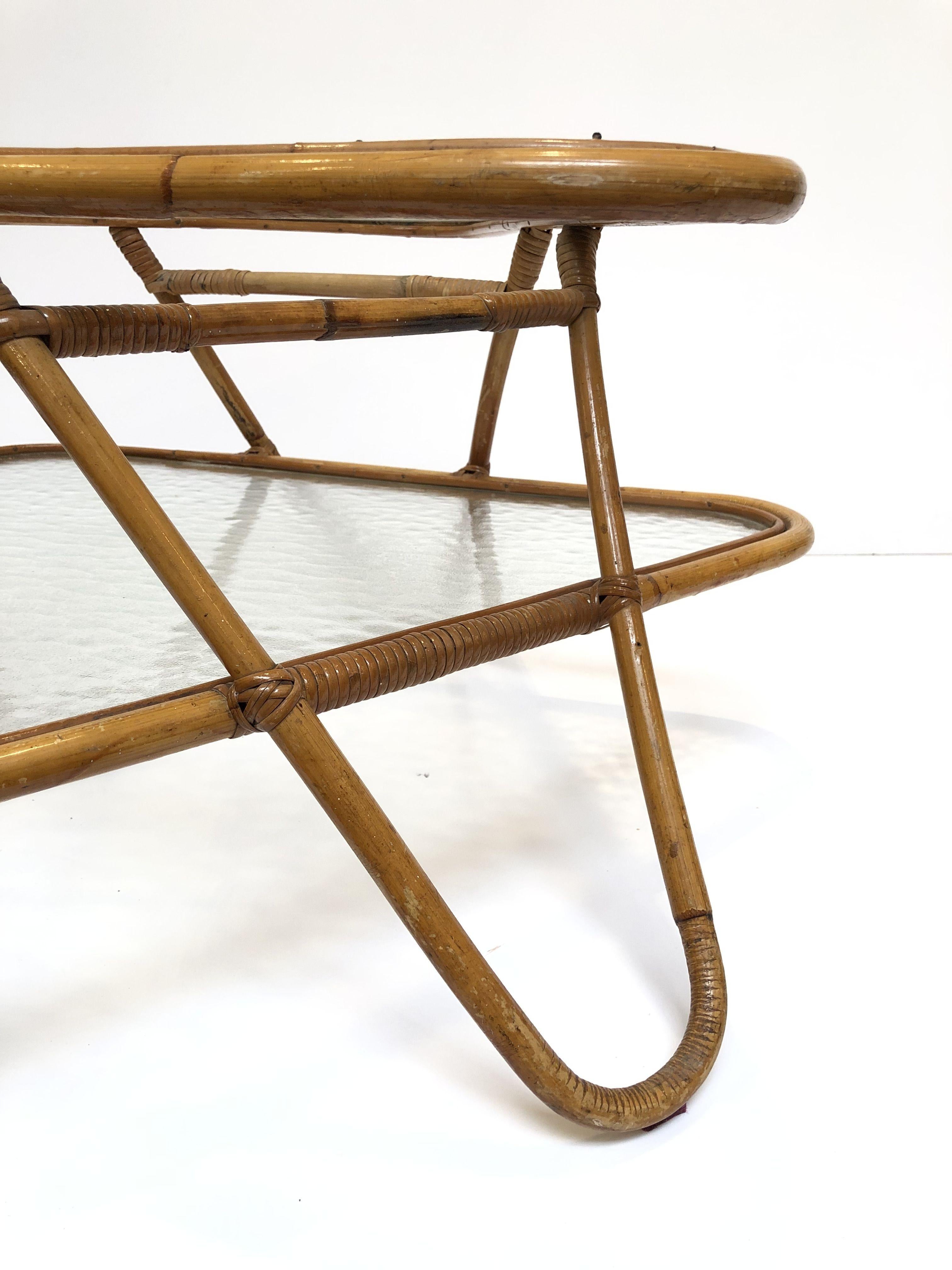 French Rattan Midcentury Accent or Low Table of Cane, Bamboo and Glass 15