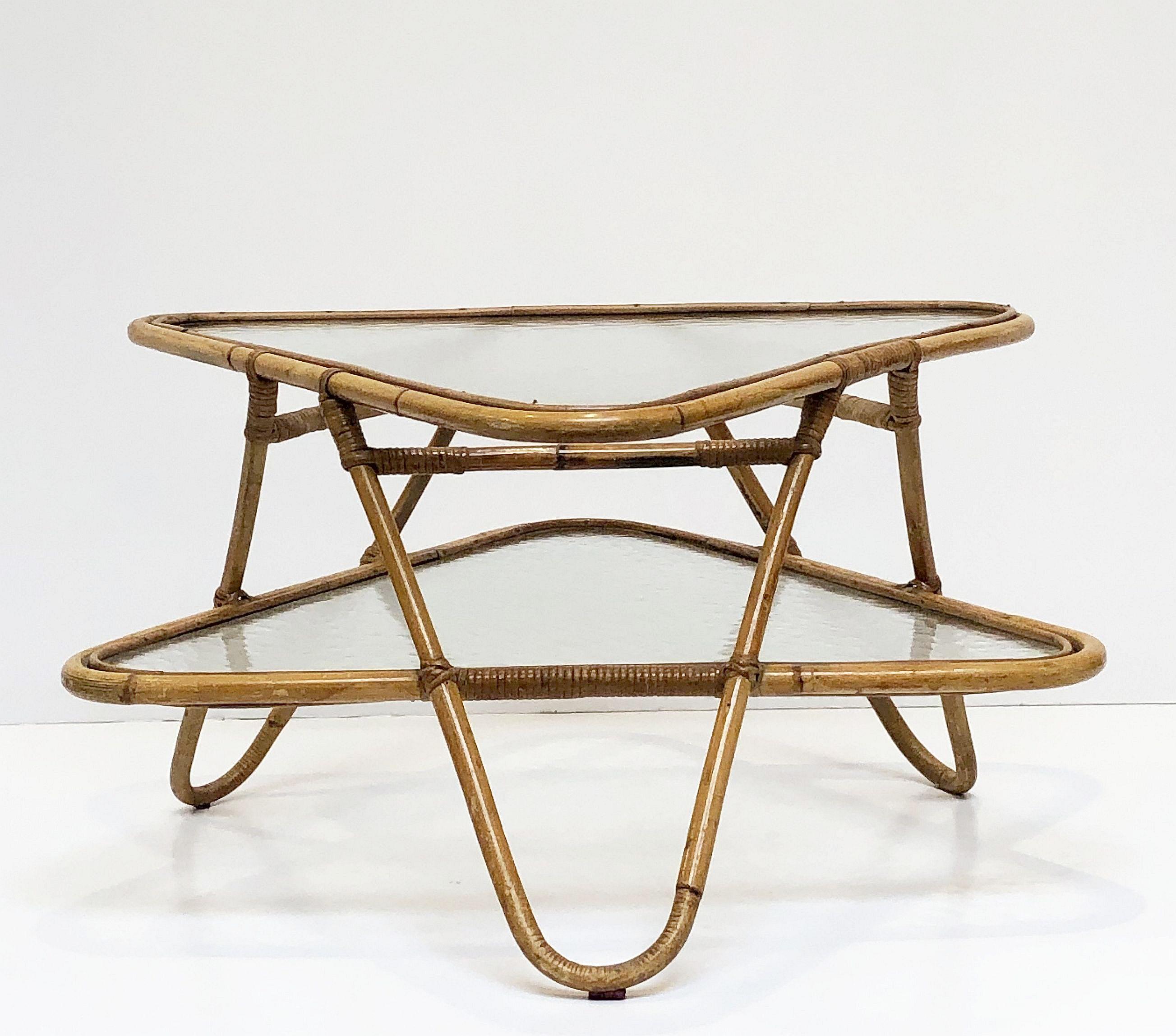 Mid-Century Modern French Rattan Midcentury Accent or Low Table of Cane, Bamboo and Glass