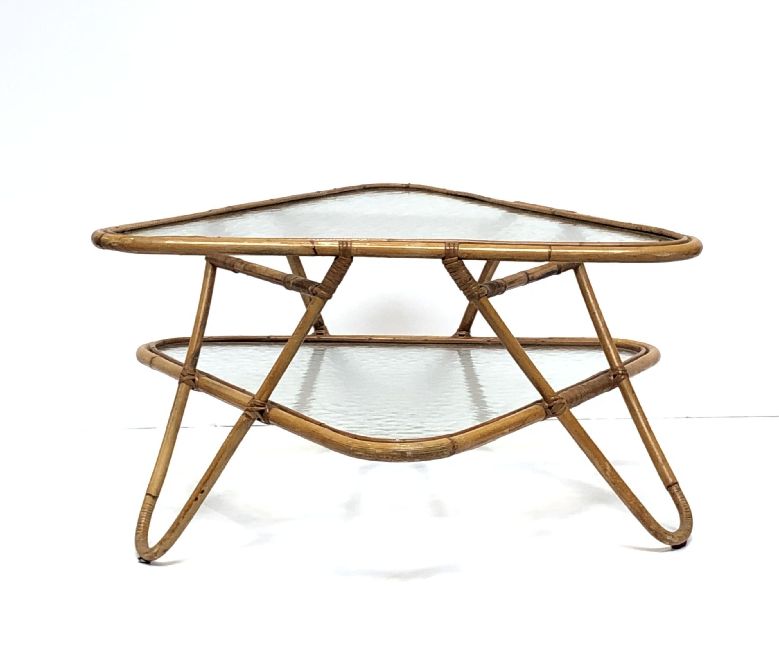 20th Century French Rattan Midcentury Accent or Low Table of Cane, Bamboo and Glass