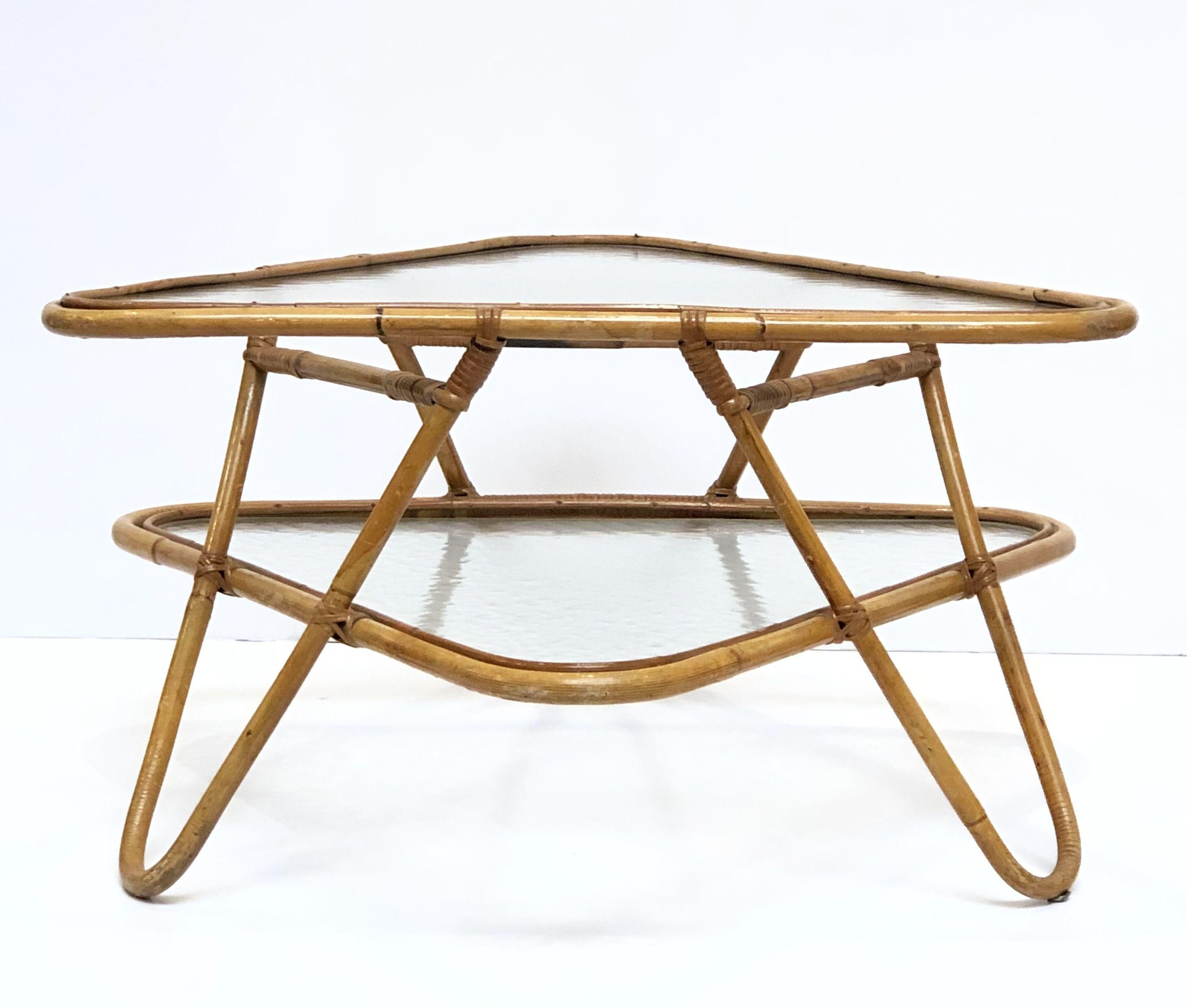 French Rattan Midcentury Accent or Low Table of Cane, Bamboo and Glass 2