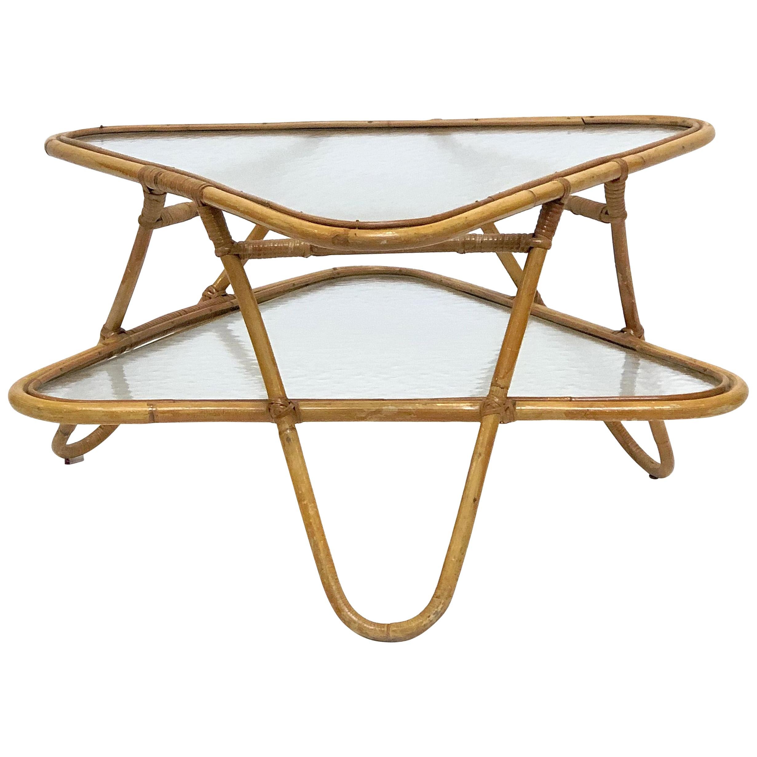 French Rattan Midcentury Accent or Low Table of Cane, Bamboo and Glass