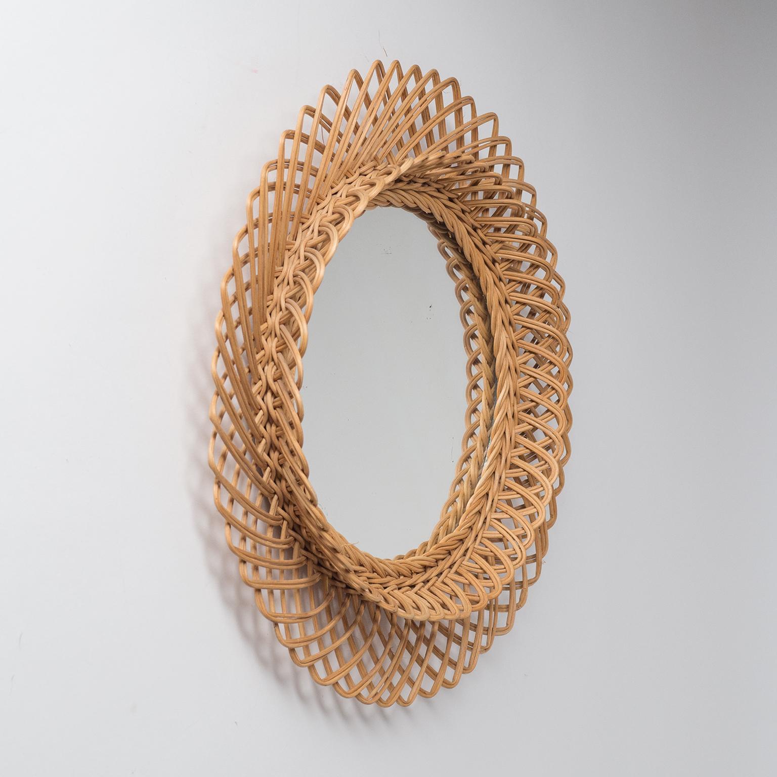 Mid-Century Modern French Rattan Mirror, 1960s For Sale