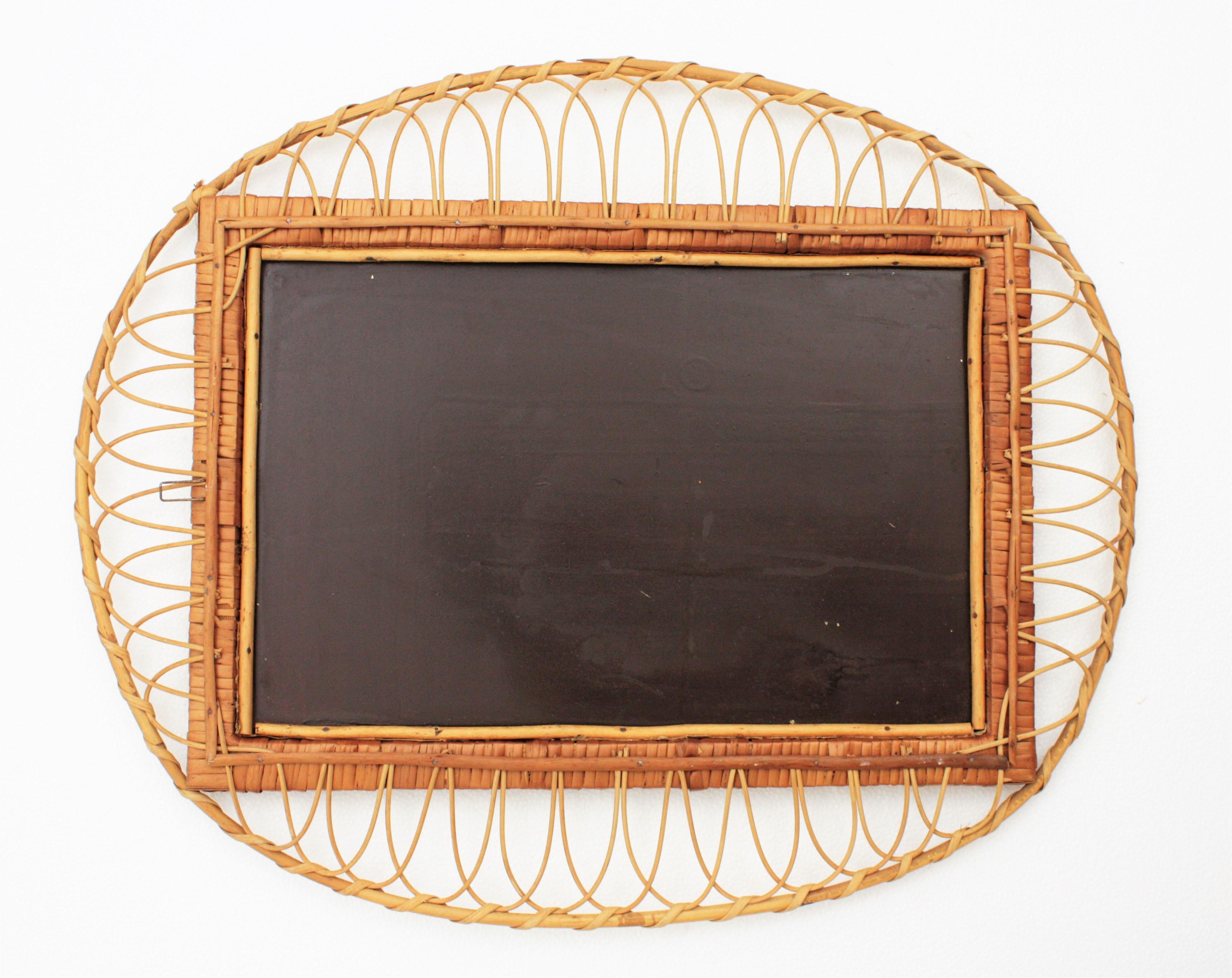French Rattan Oval Mirror with Woven Rectangular Frame, 1960s For Sale 3