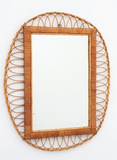 French Rattan Oval Mirror with Woven Rectangular Frame, 1960s