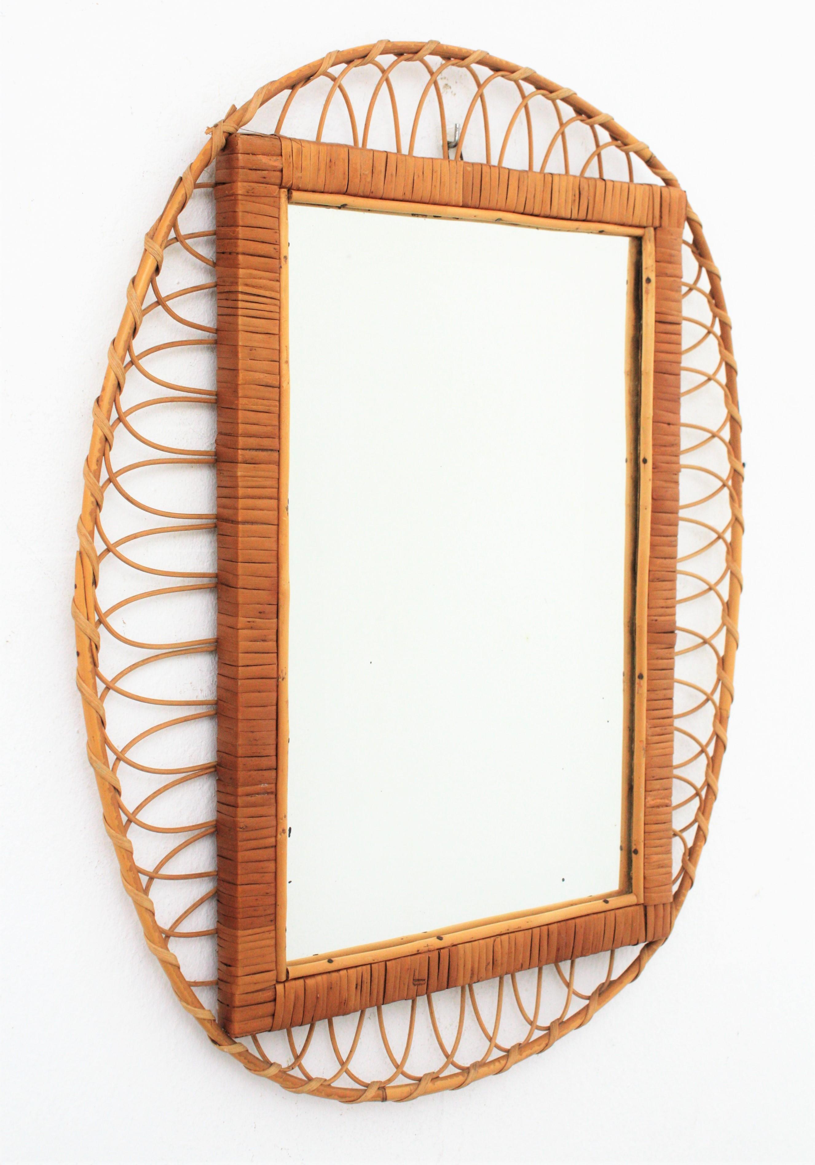 Mid-Century Modern French Rattan Oval Mirror with Woven Rectangular Frame, 1960s For Sale