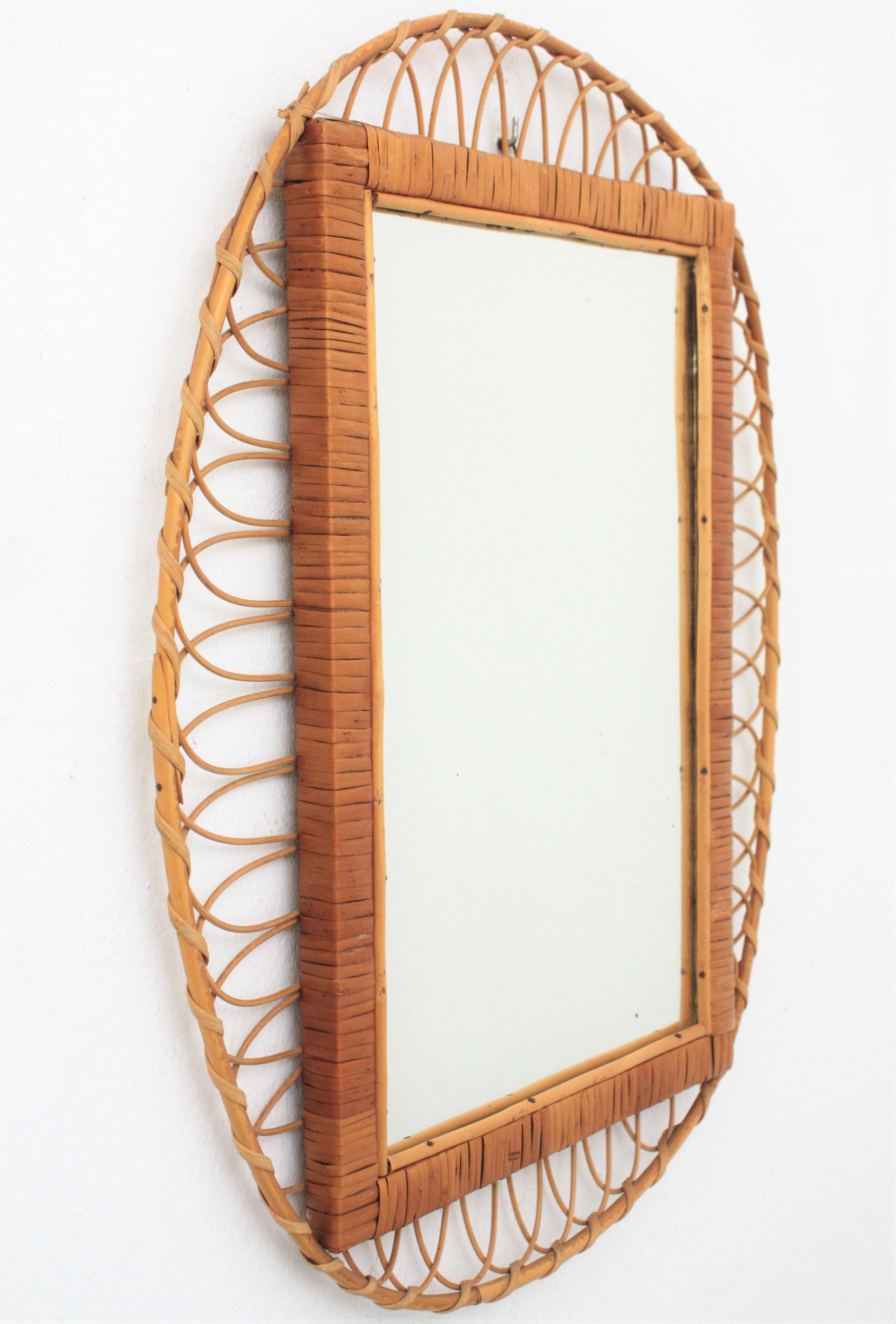 Hand-Crafted French Rattan Oval Mirror with Woven Rectangular Frame, 1960s For Sale