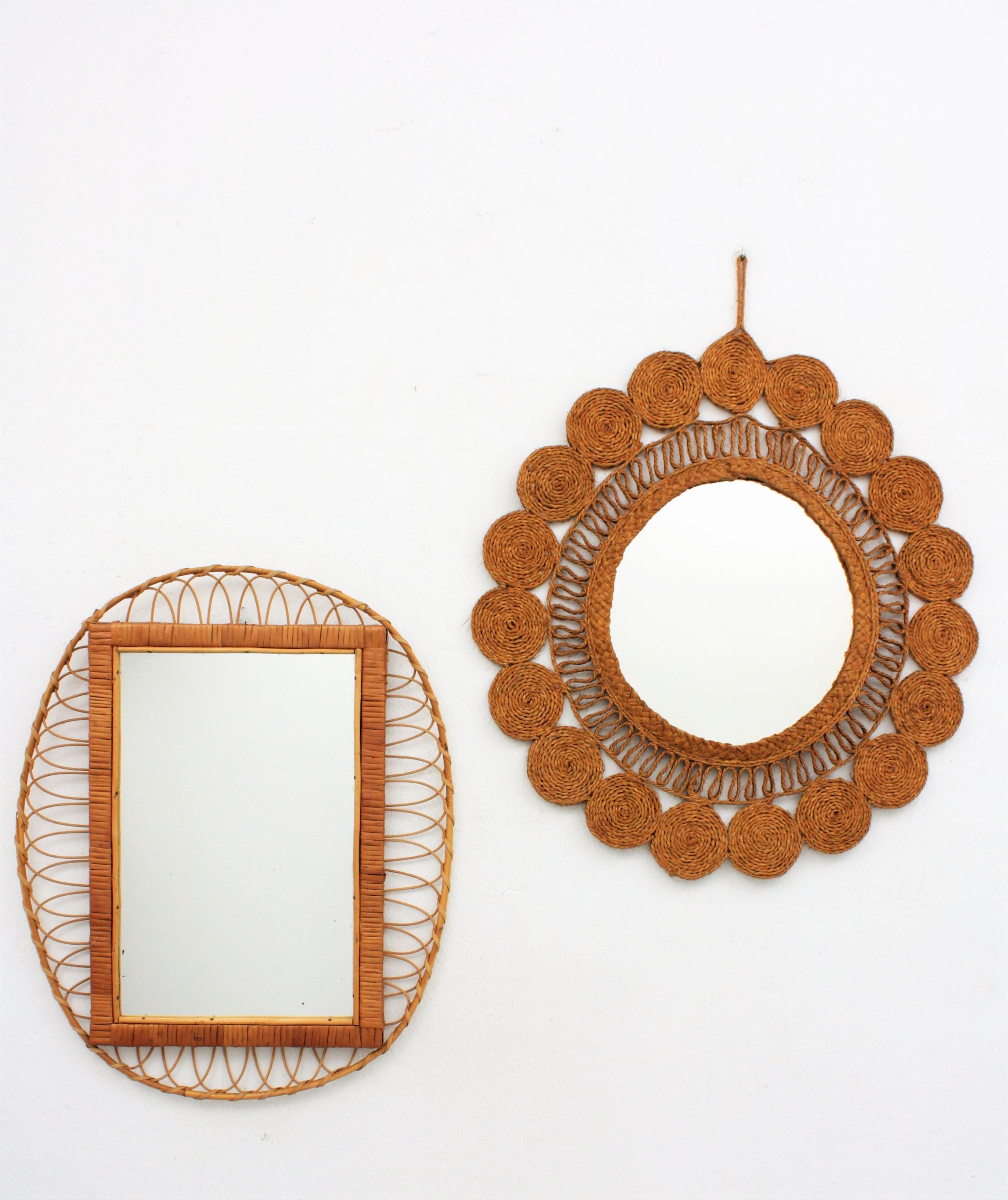 20th Century French Rattan Oval Mirror with Woven Rectangular Frame, 1960s For Sale