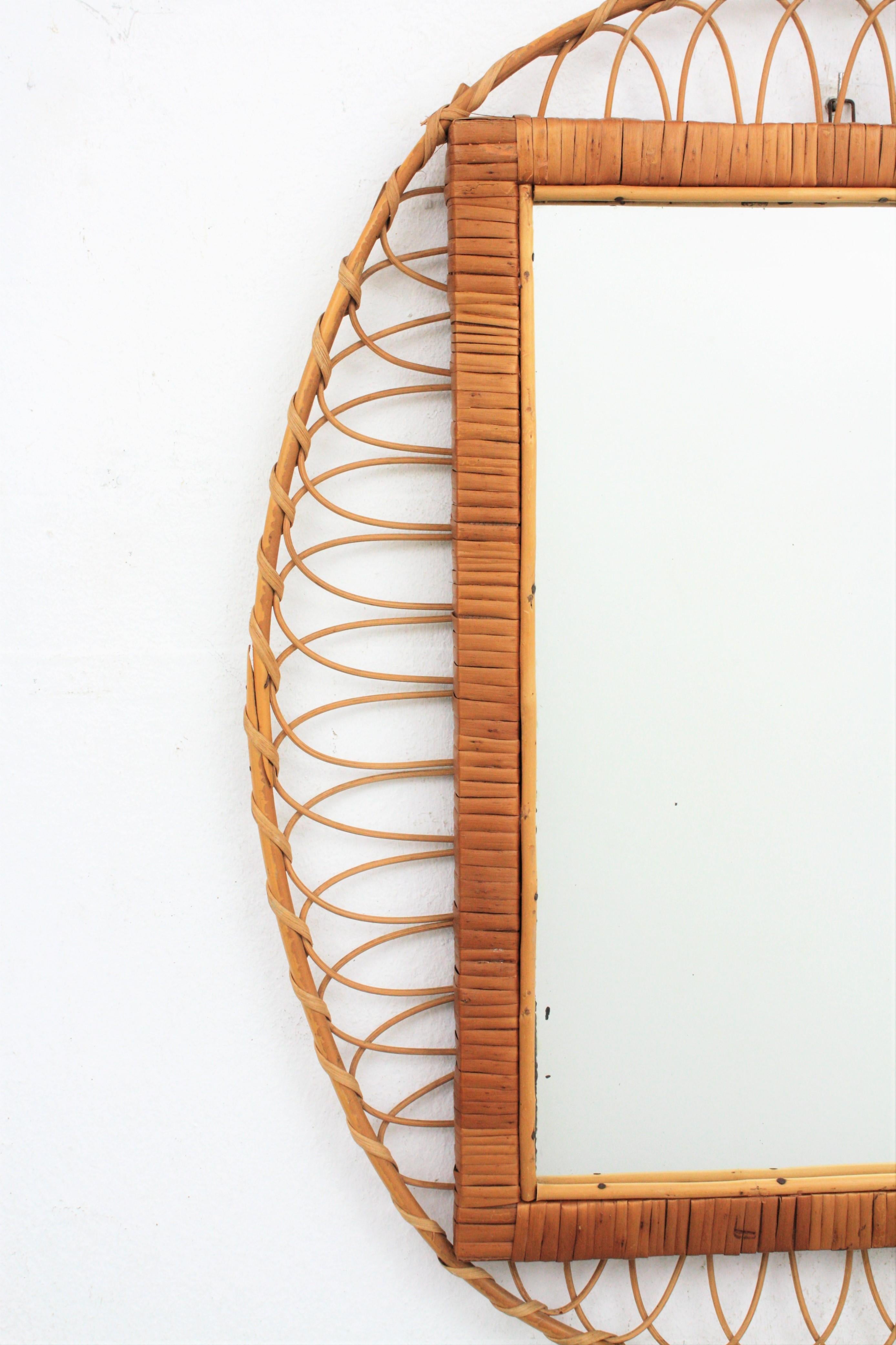 Wicker French Rattan Oval Mirror with Woven Rectangular Frame, 1960s For Sale