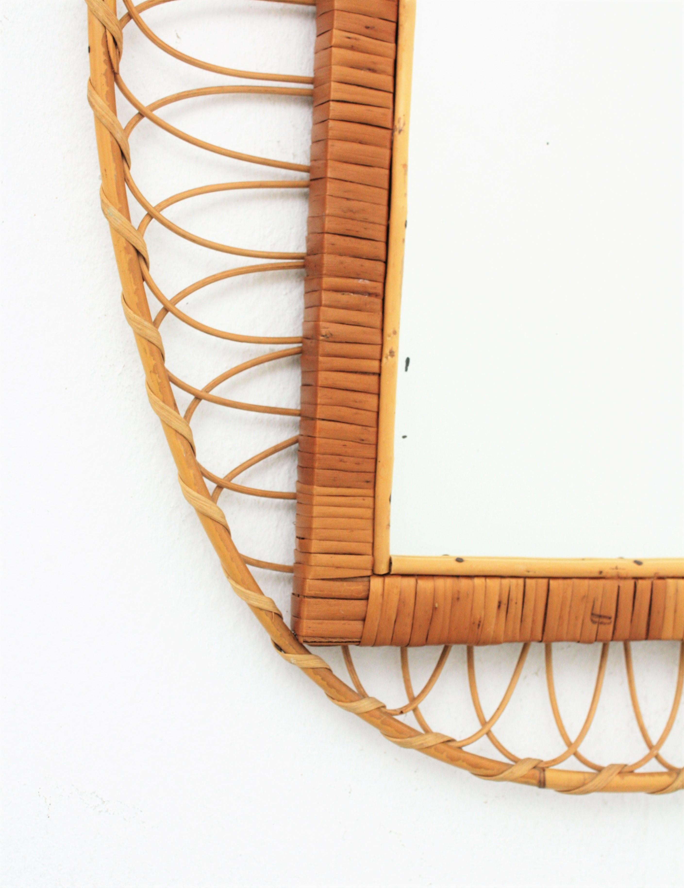 French Rattan Oval Mirror with Woven Rectangular Frame, 1960s For Sale 2