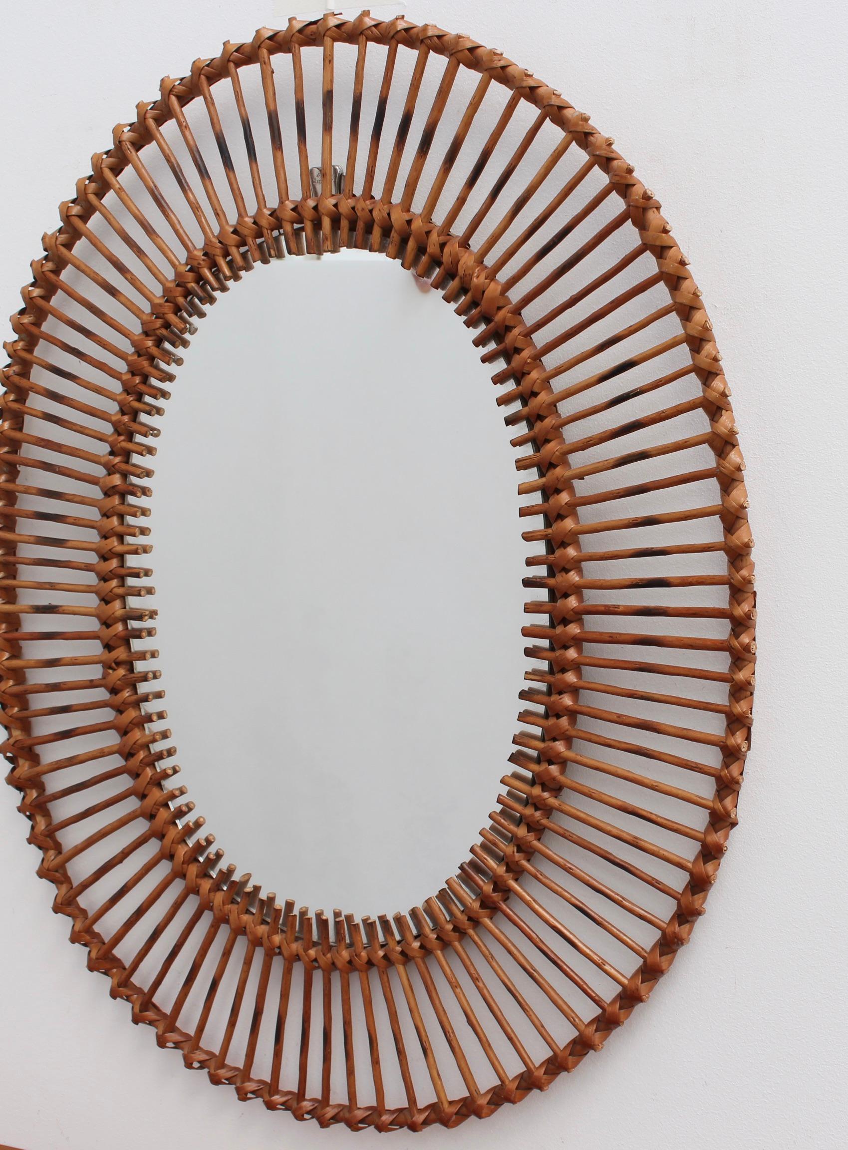 French Rattan Oval-Shaped Wall Mirror, circa 1960s 4