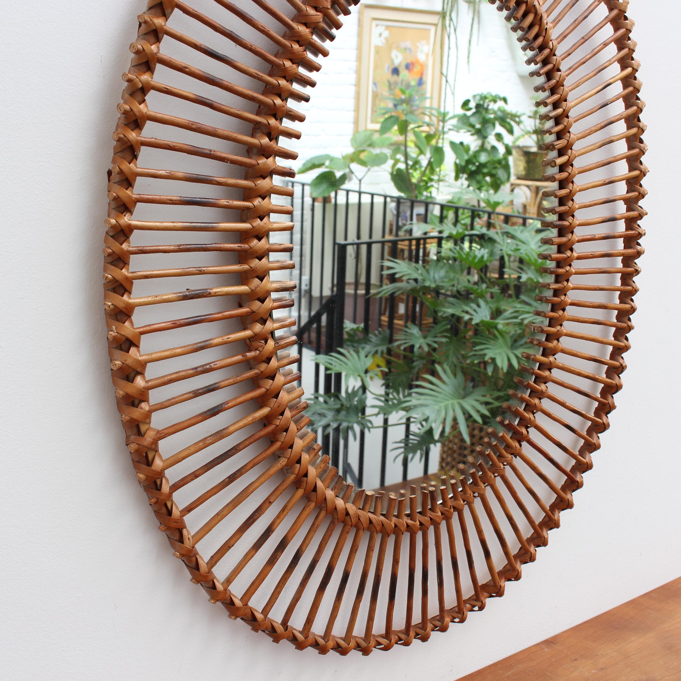 Mid-20th Century French Rattan Oval-Shaped Wall Mirror, circa 1960s