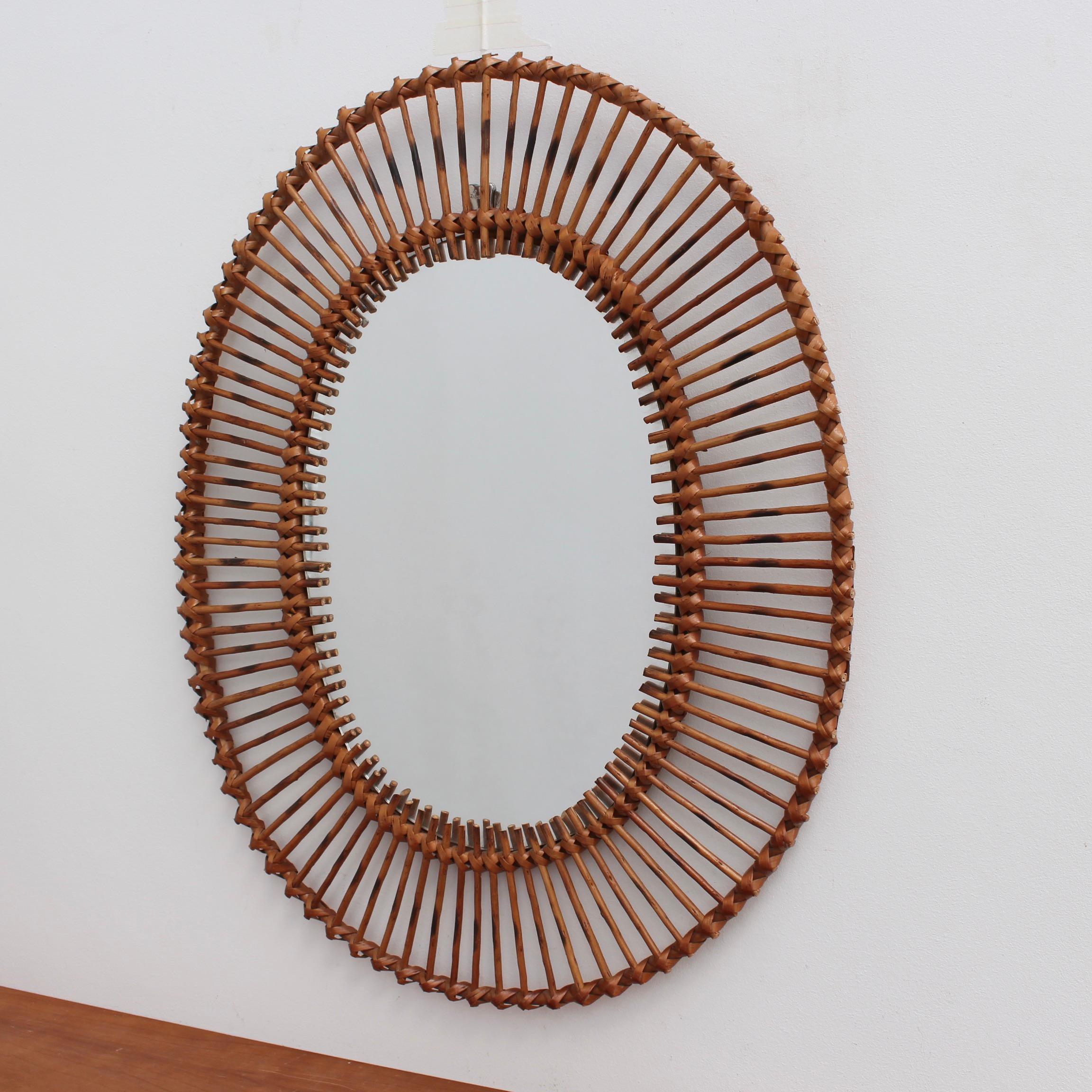French Rattan Oval-Shaped Wall Mirror, circa 1960s 3