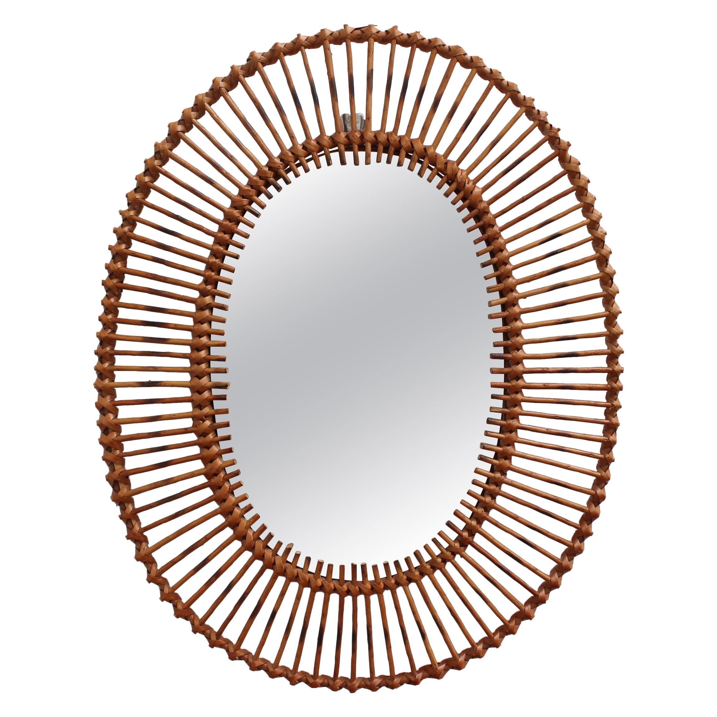 French Rattan Oval-Shaped Wall Mirror, circa 1960s