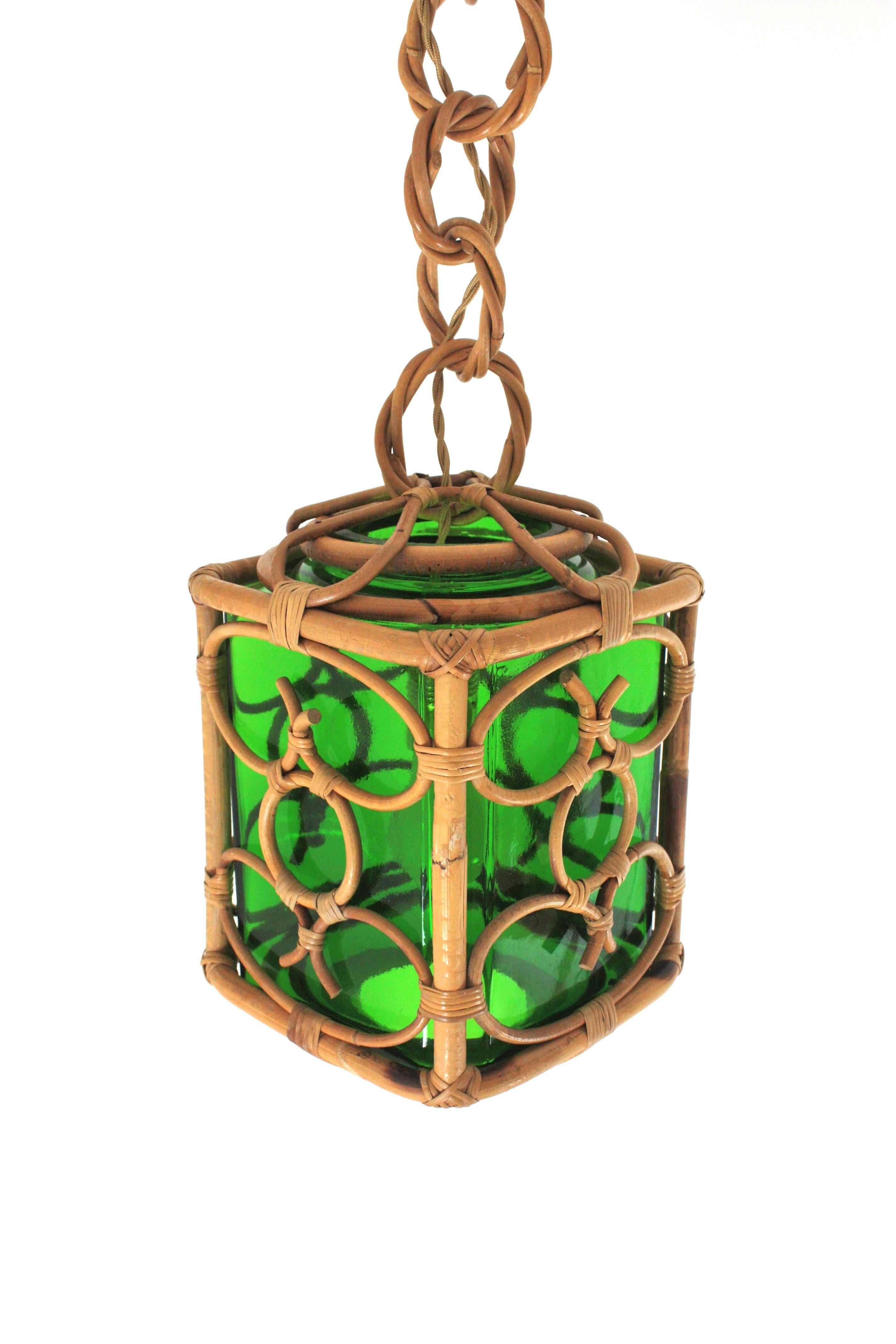French Rattan Pendant Lantern with Green Glass Lampshade and Chinoiserie Design For Sale 8