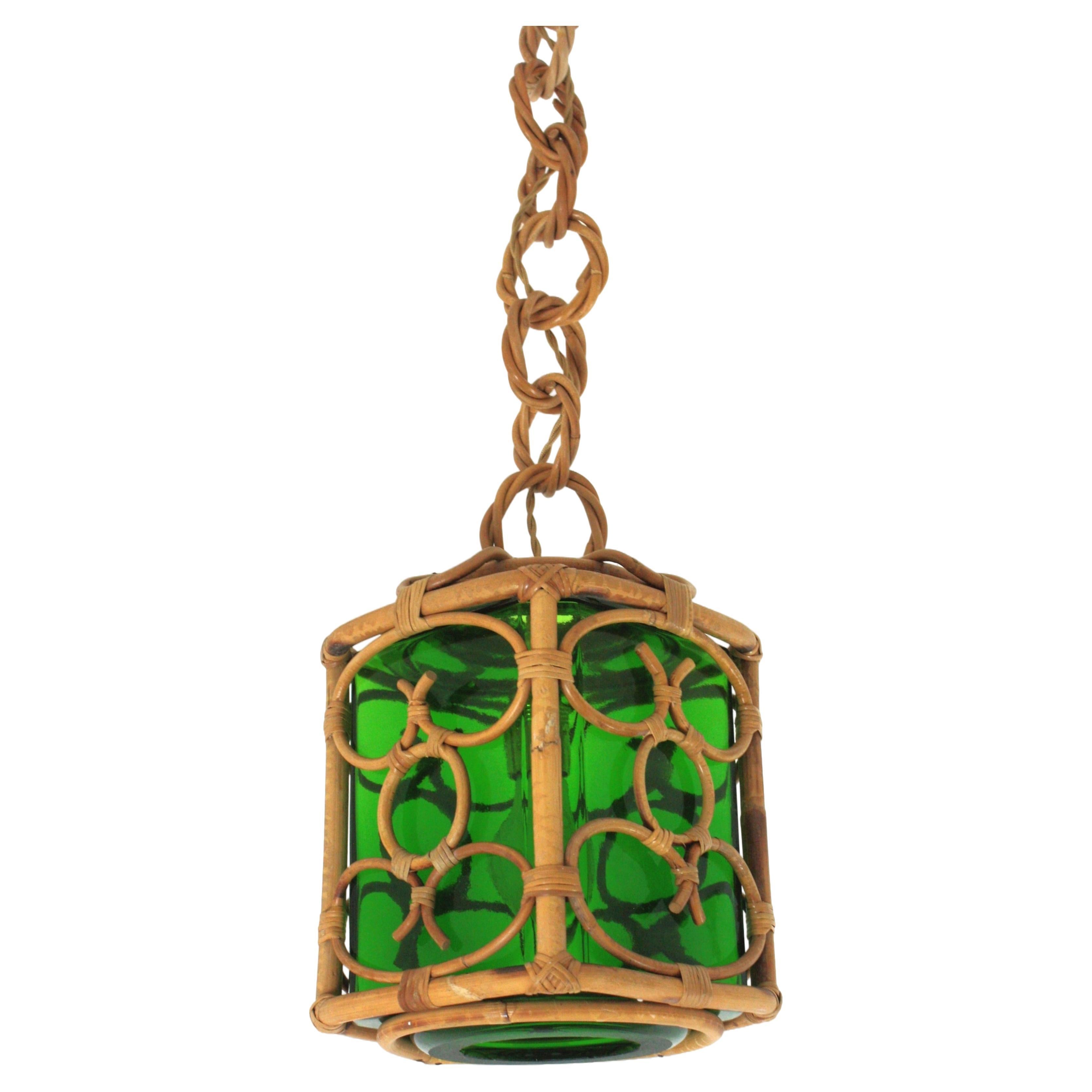 Hand-Crafted French Rattan Pendant Lantern with Green Glass Lampshade and Chinoiserie Design For Sale