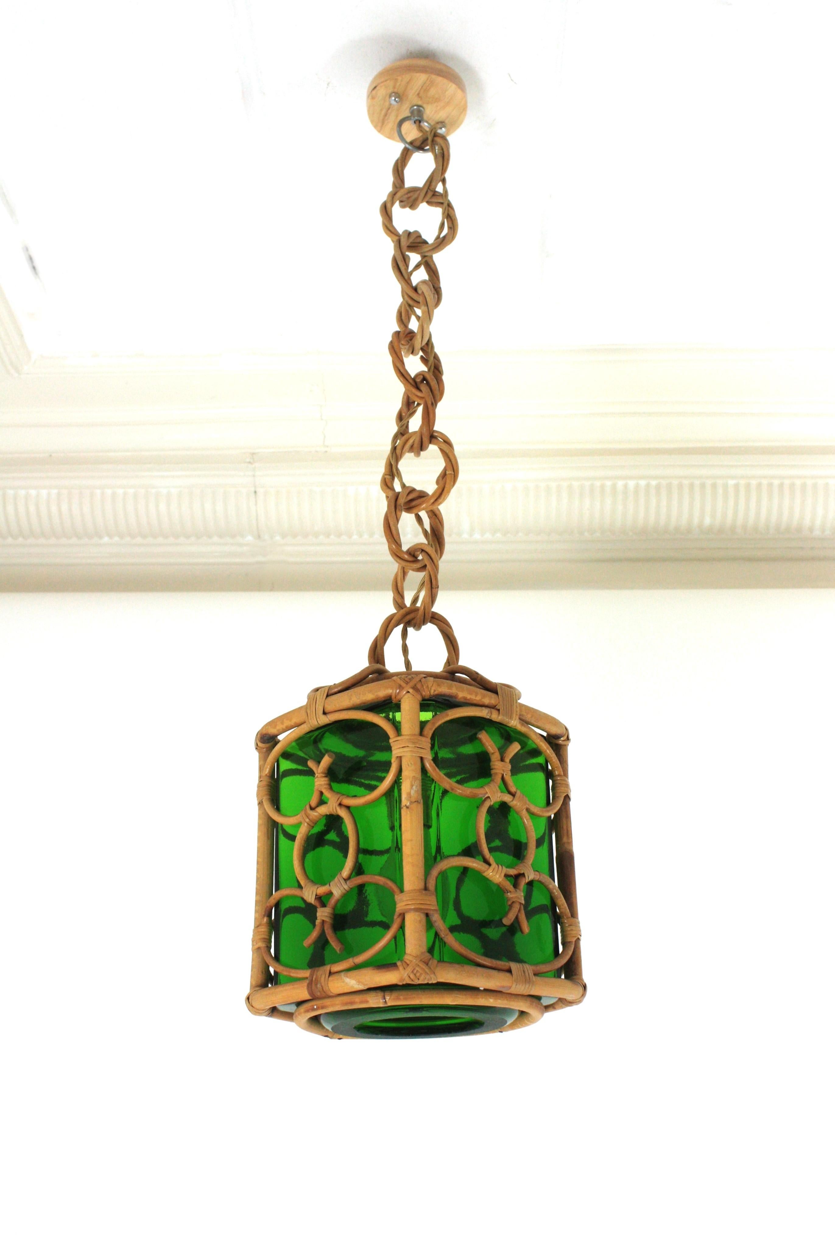 Bamboo French Rattan Pendant Lantern with Green Glass Lampshade and Chinoiserie Design For Sale